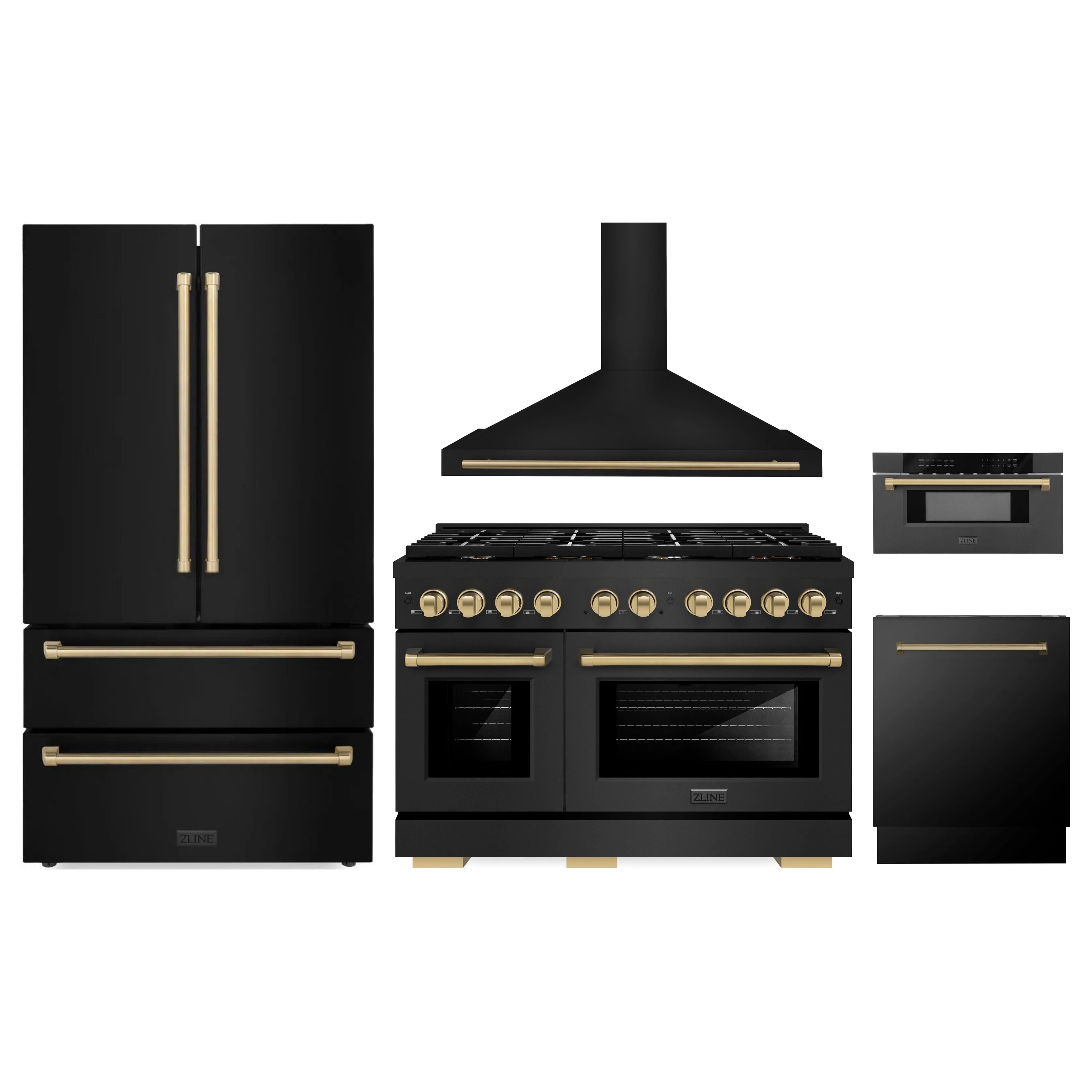 Black stainless steel kitchen appliance set with bronze accents: range, hood, and fridge