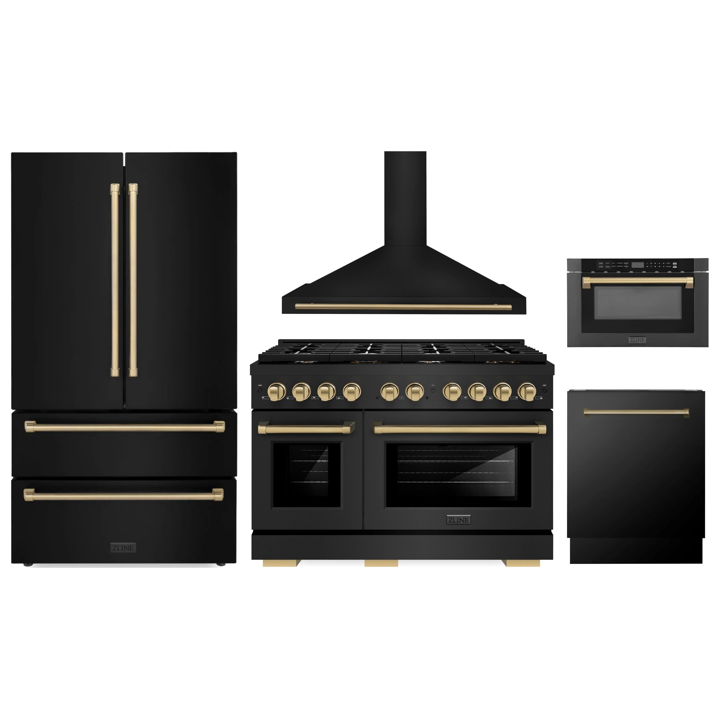 Black stainless steel appliance set with range, oven, refrigerator, dishwasher, and hood