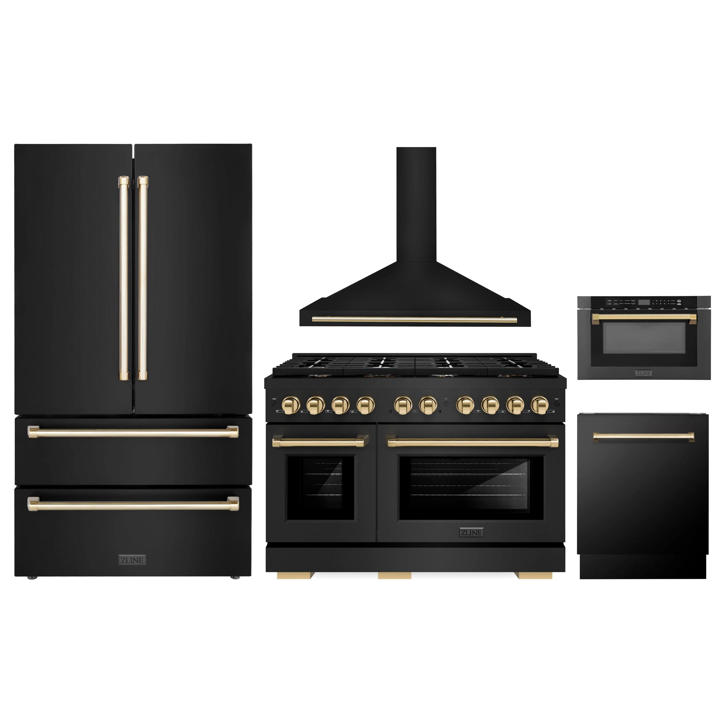 Black appliance package set with gold accents: refrigerator, range, hood, oven, microwave