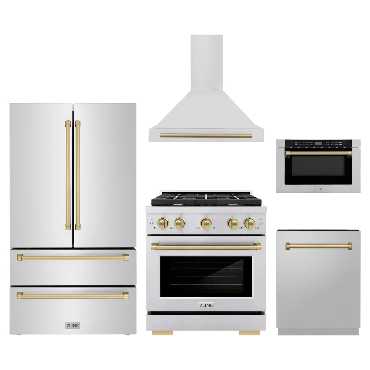ZLINE 5-Piece Appliance Package - 30-Inch Paramount Dual Fuel Range, Wall Mount Range Hood, 36-Inch French Door Refrigerator, Dishwasher, and 24-Inch Microwave Drawer in Stainless Steel with Champagne Bronze Accents