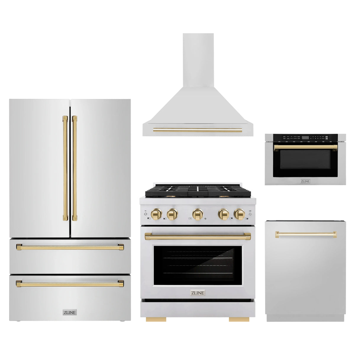 ZLINE 5-Piece Appliance Package - 30-Inch Paramount Dual Fuel Range, Wall Mount Range Hood, 36-Inch French Door Refrigerator, Dishwasher, and 24-Inch Microwave Drawer in Stainless Steel with Gold Accents