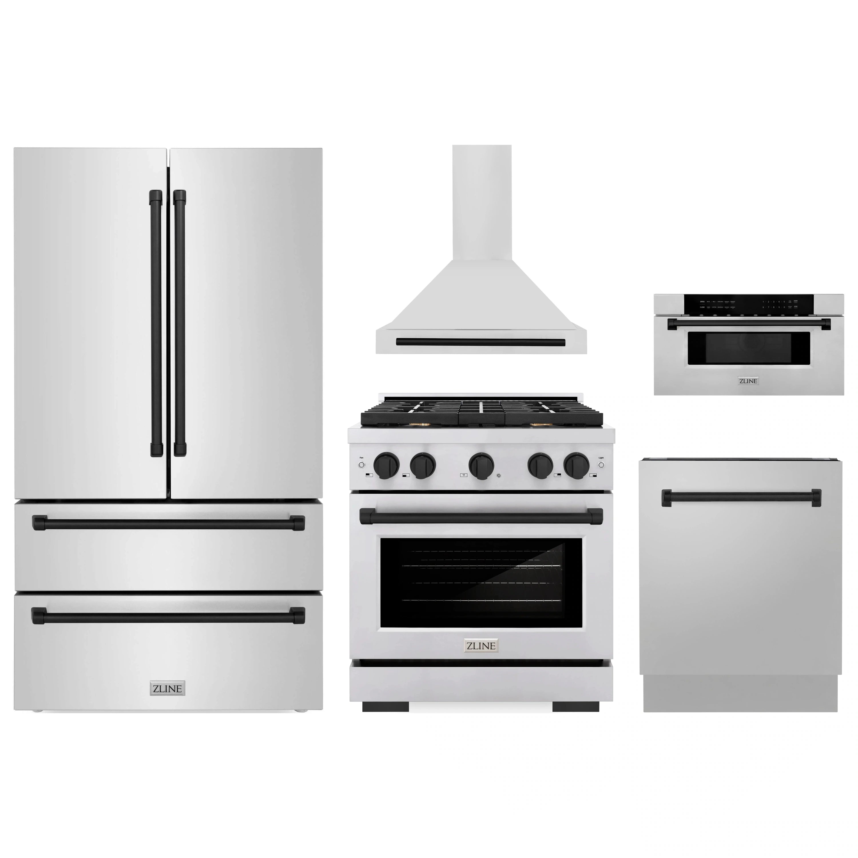 Stainless kitchen appliance set with refrigerator, range, hood, and microwave drawer