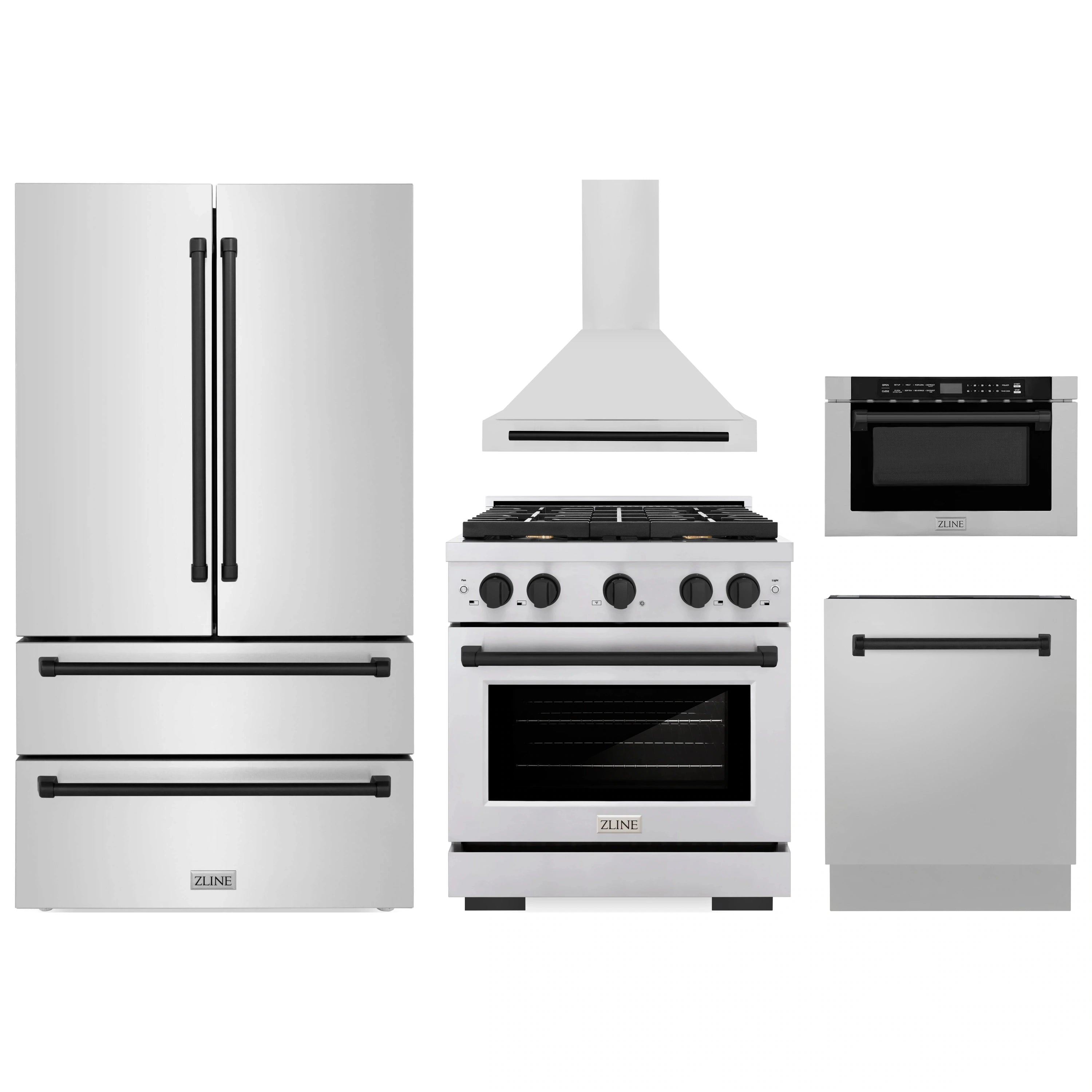Stainless steel kitchen appliance set with refrigerator, range, hood, microwave, and dishwasher