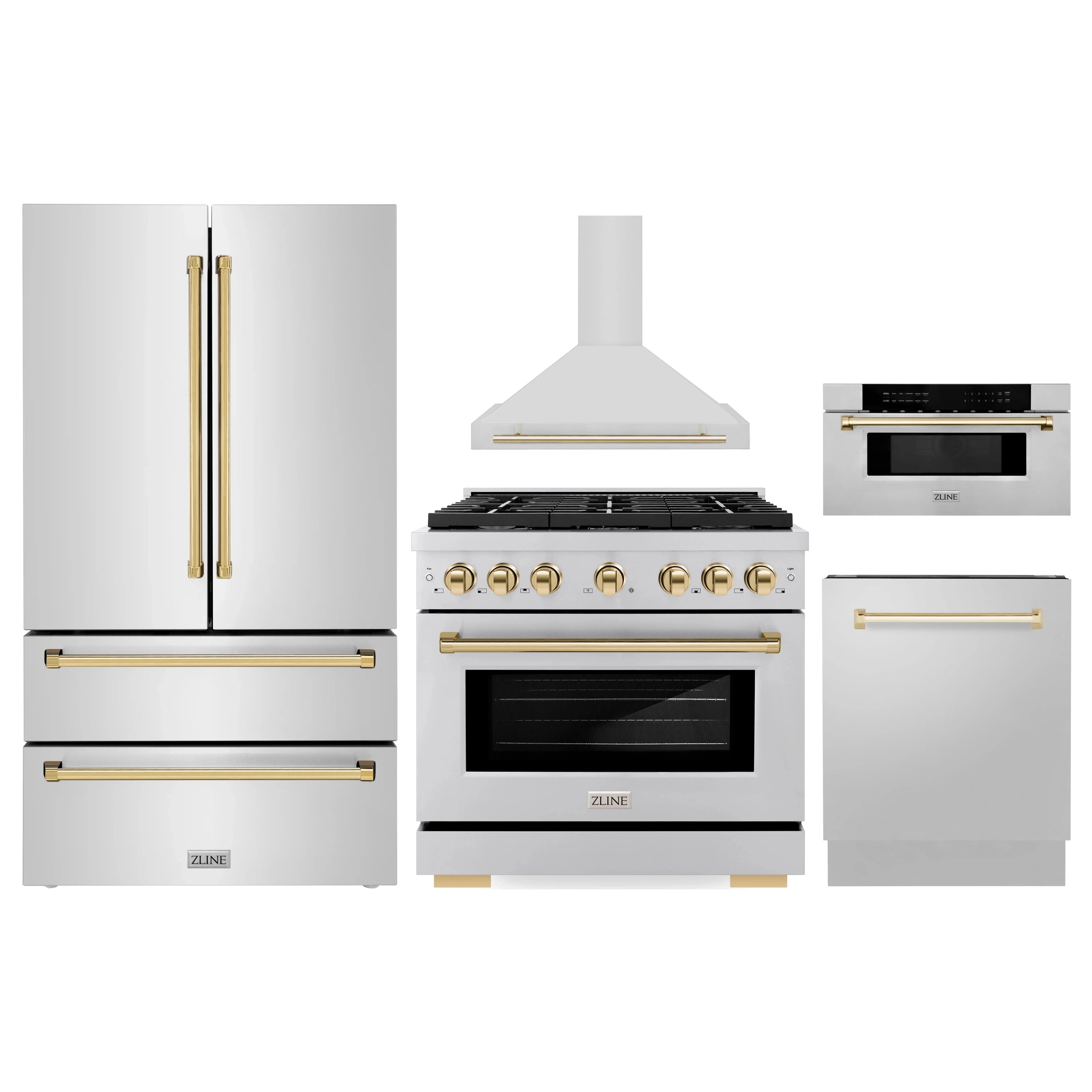 Stainless steel appliance set with gold accents: refrigerator, range, hood, microwave, and dishwasher