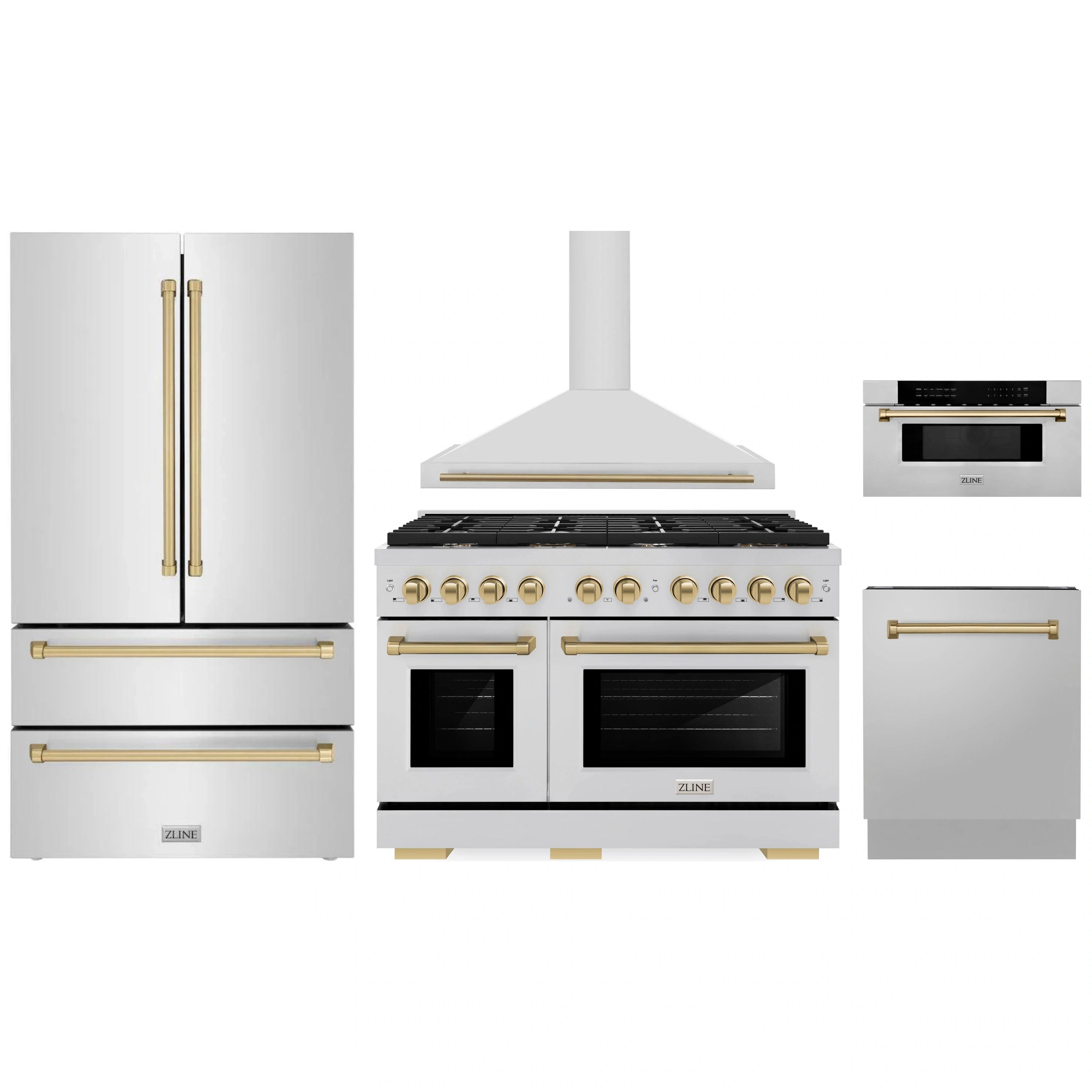 5-piece kitchen appliance package featuring range, wall hood, microwave drawer, refrigerator, and dishwasher