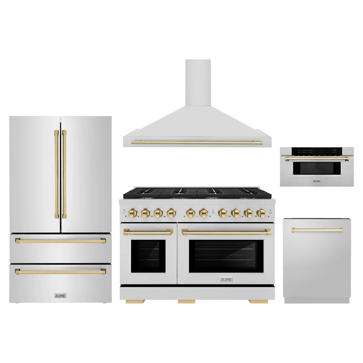 ZLINE 5-Piece Appliance Package - 48-Inch Paramount Dual Fuel Range, Wall Mount Range Hood, 36-Inch French Door Refrigerator, Dishwasher, and 30-Inch Microwave Drawer in Stainless Steel with Gold Accents