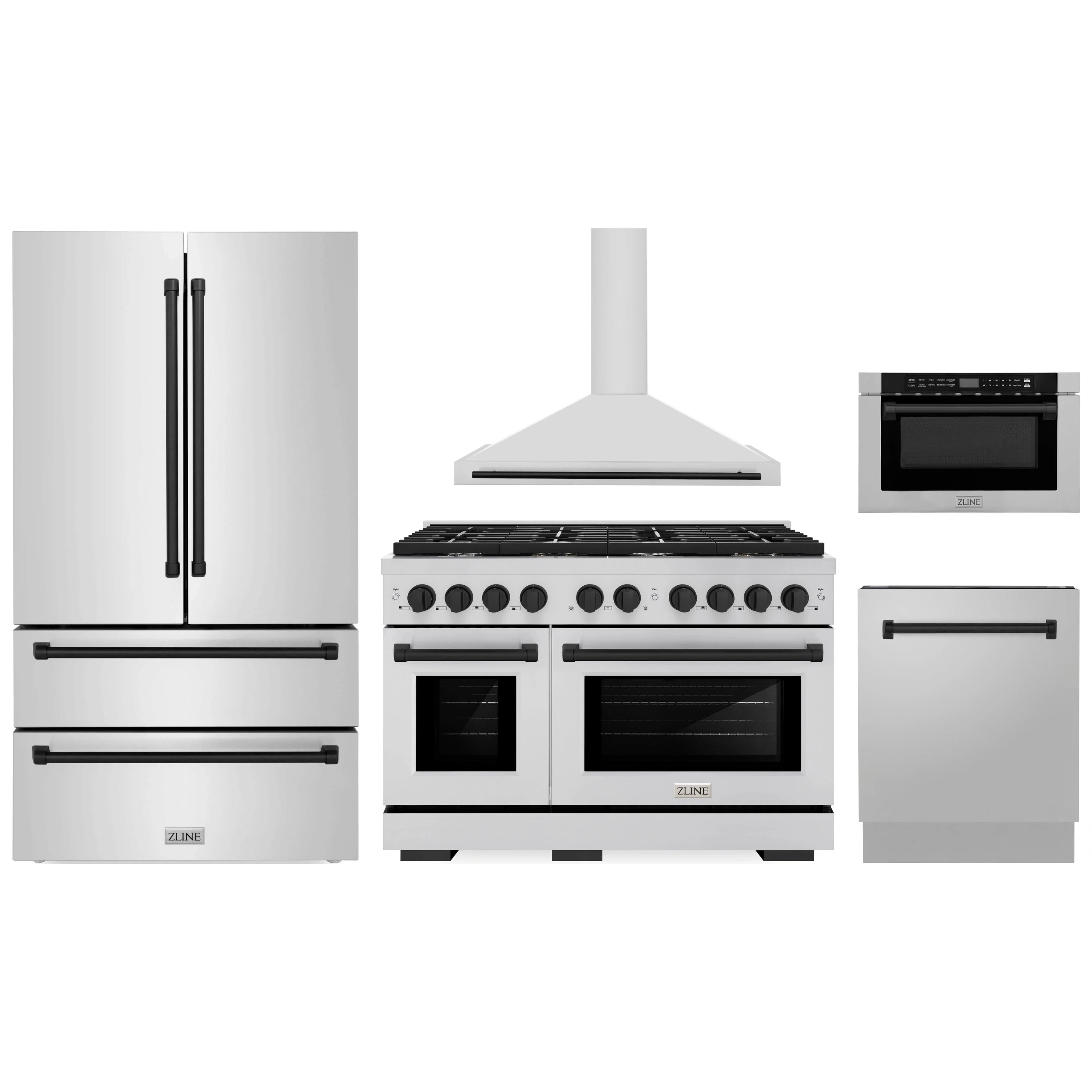 Stainless steel appliance package with range, wall hood, refrigerator, and microwave