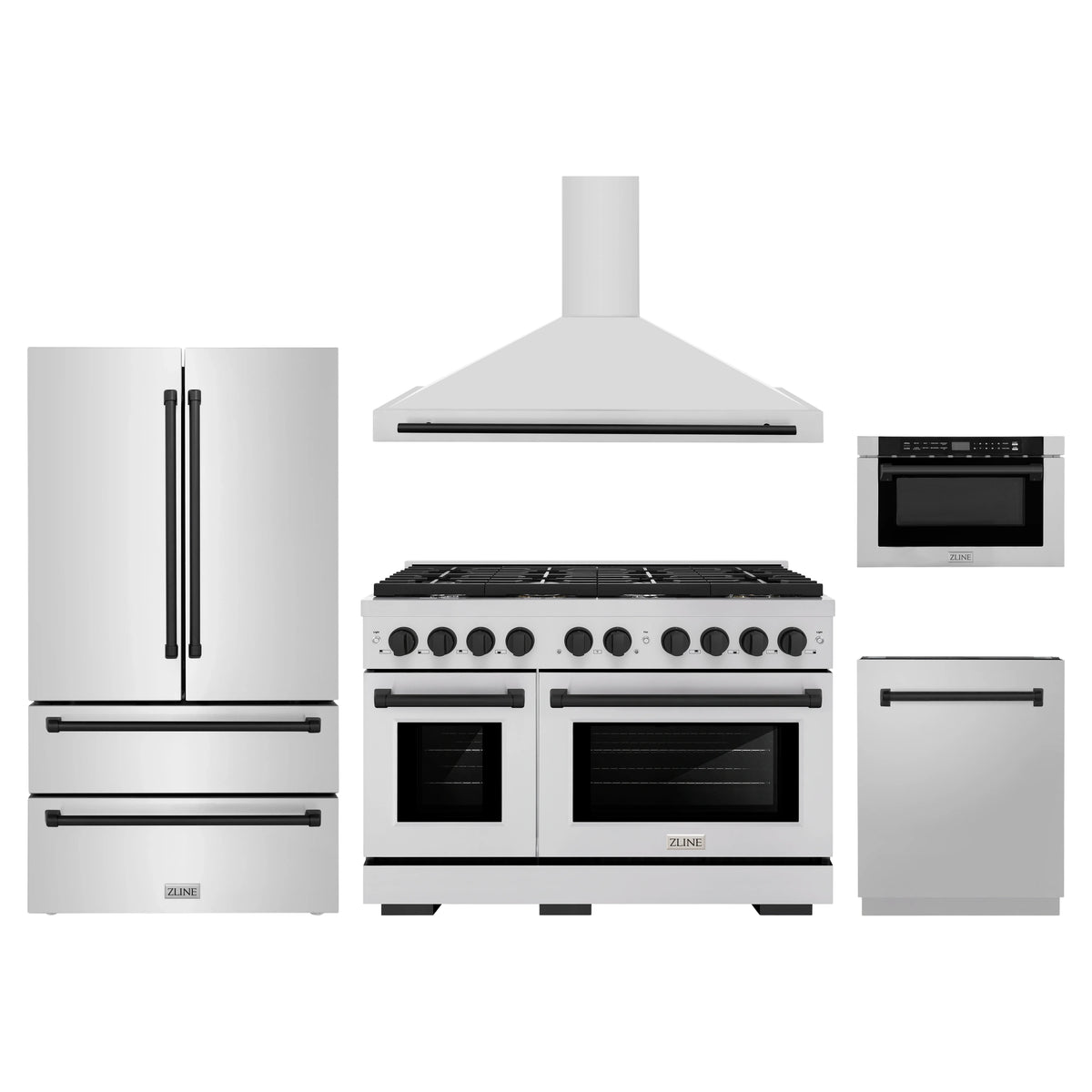 ZLINE 5-Piece Appliance Package - 48-Inch Paramount Dual Fuel Range, Wall Mount Range Hood, 36-Inch French Door Refrigerator, Dishwasher, and 24-Inch Microwave Drawer in Stainless Steel with Matte Black Accents