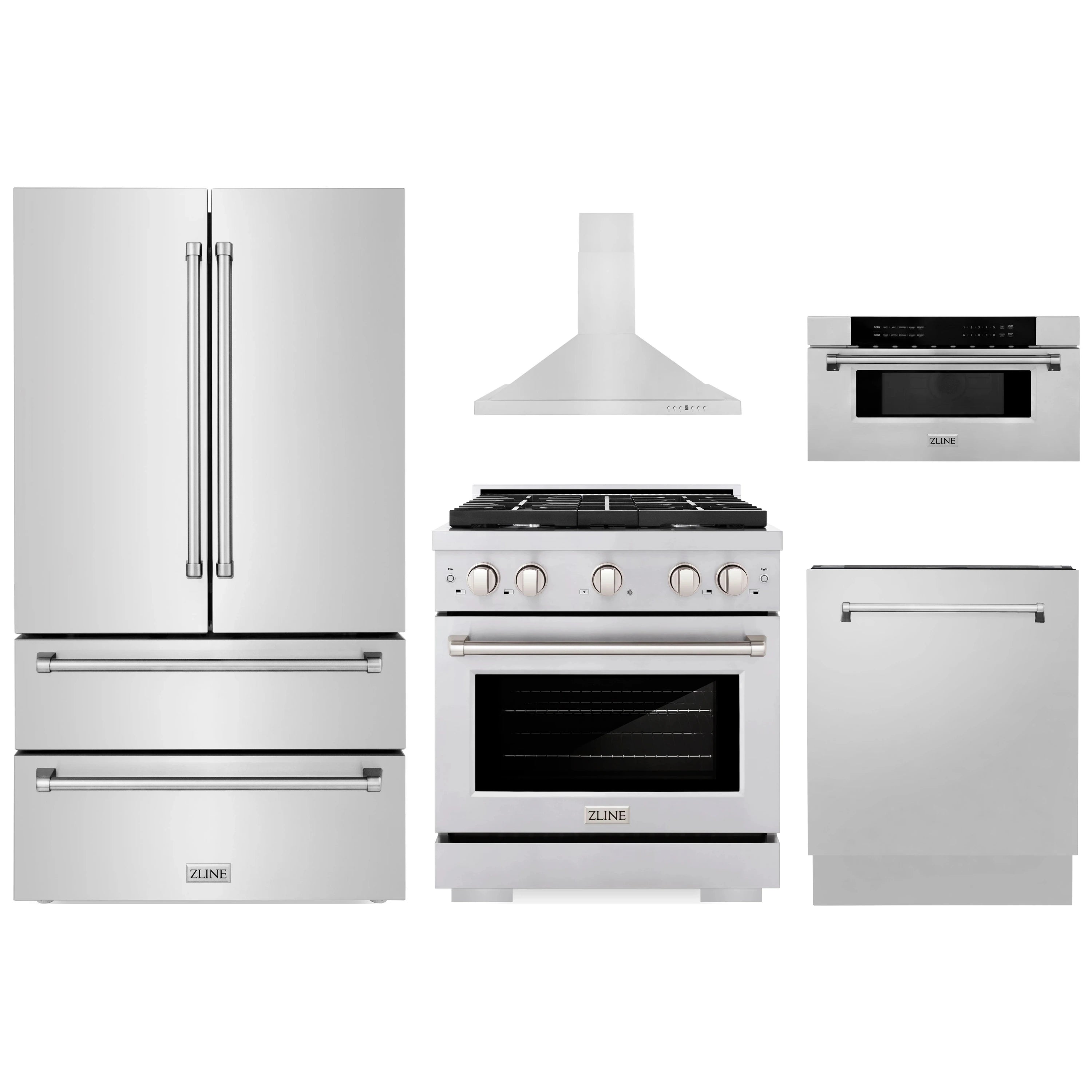 Stainless steel ZLINE 5-piece appliance set: refrigerator, gas range, and microwave