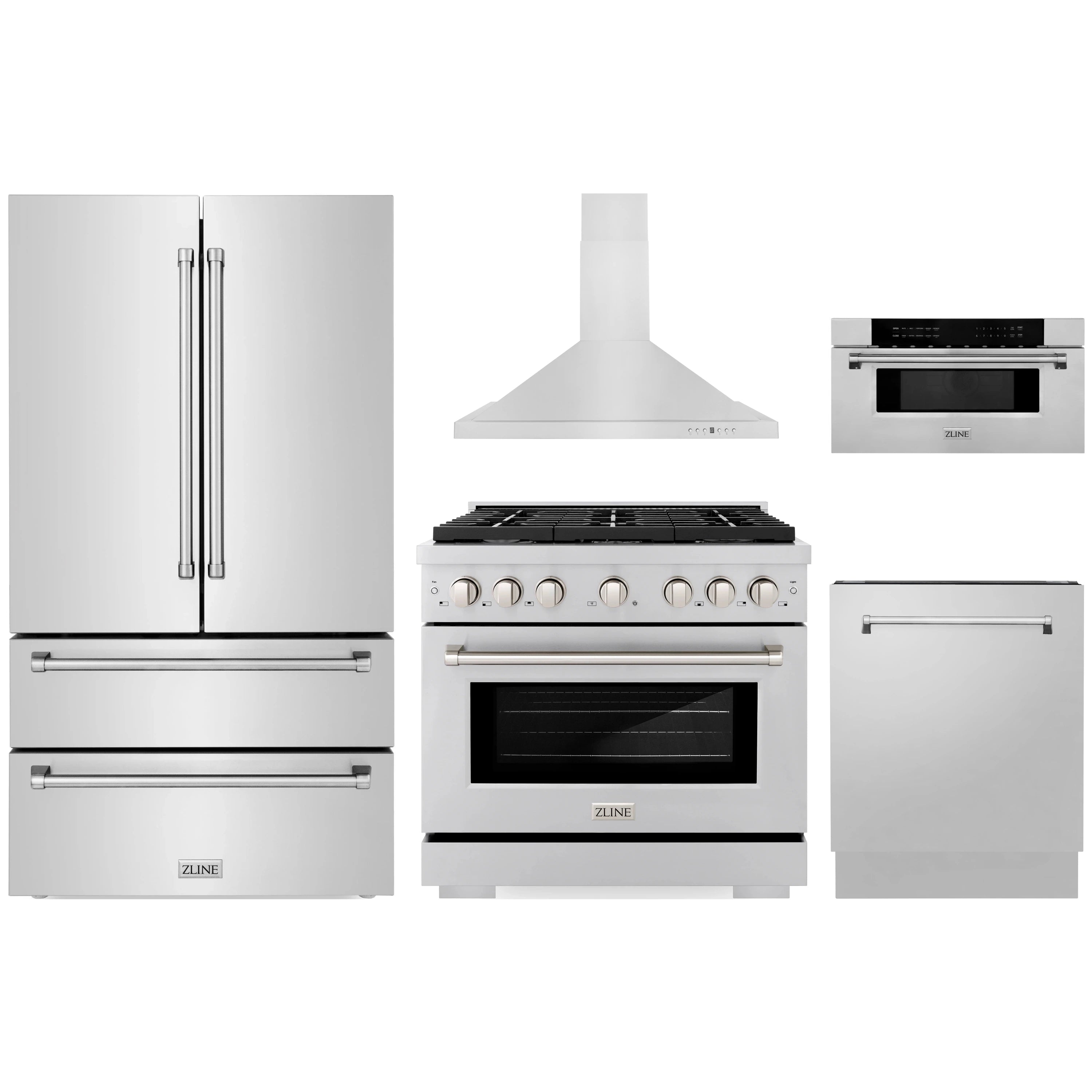 Stainless steel 5-piece appliance set with refrigerator, gas range, hood, dishwasher, microwave