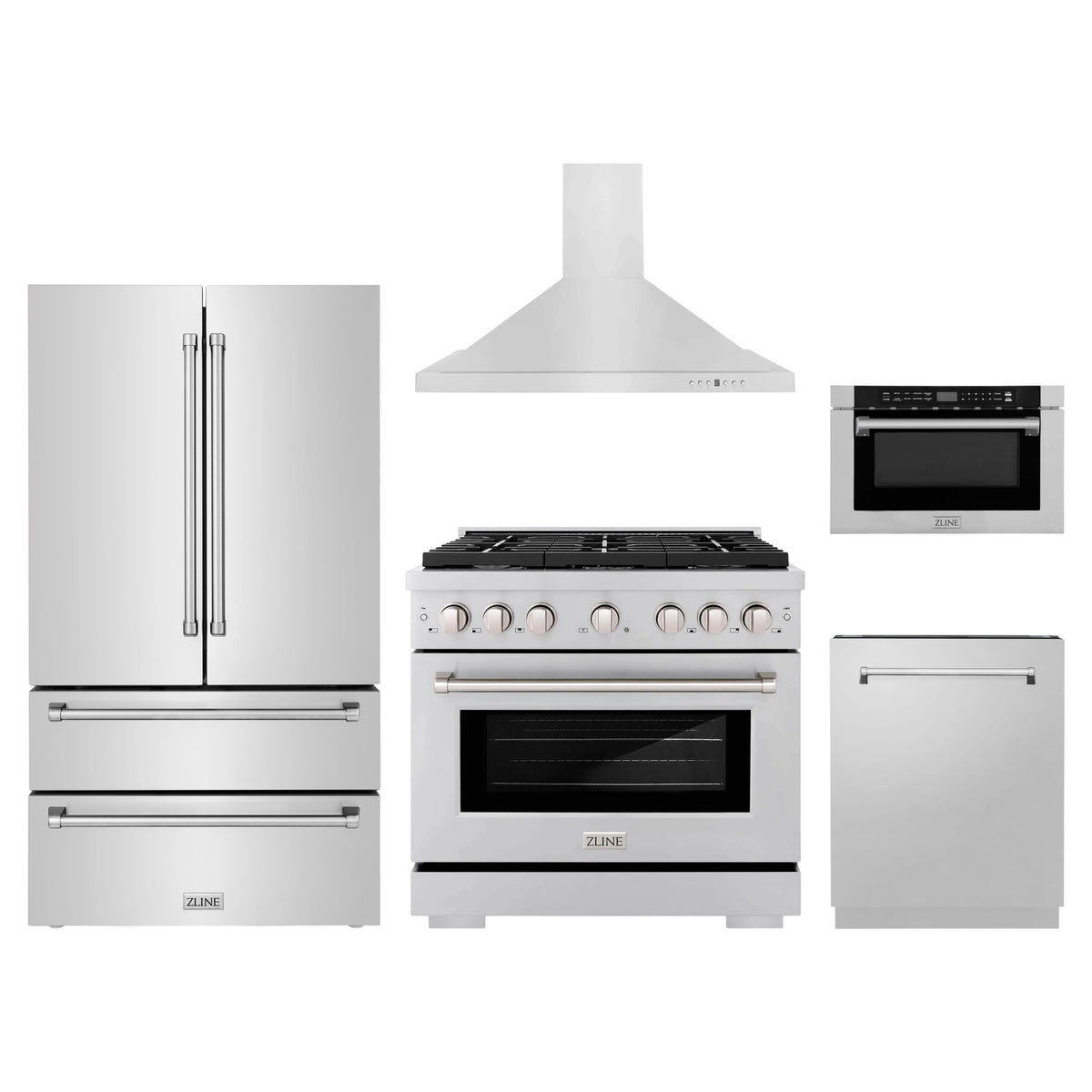 ZLINE 5-Piece Appliance Package - 36-Inch Paramount Gas Range, Wall Mount Range Hood, 36-Inch French Door Refrigerator, Dishwasher, and 24-Inch Microwave Drawer in Stainless Steel