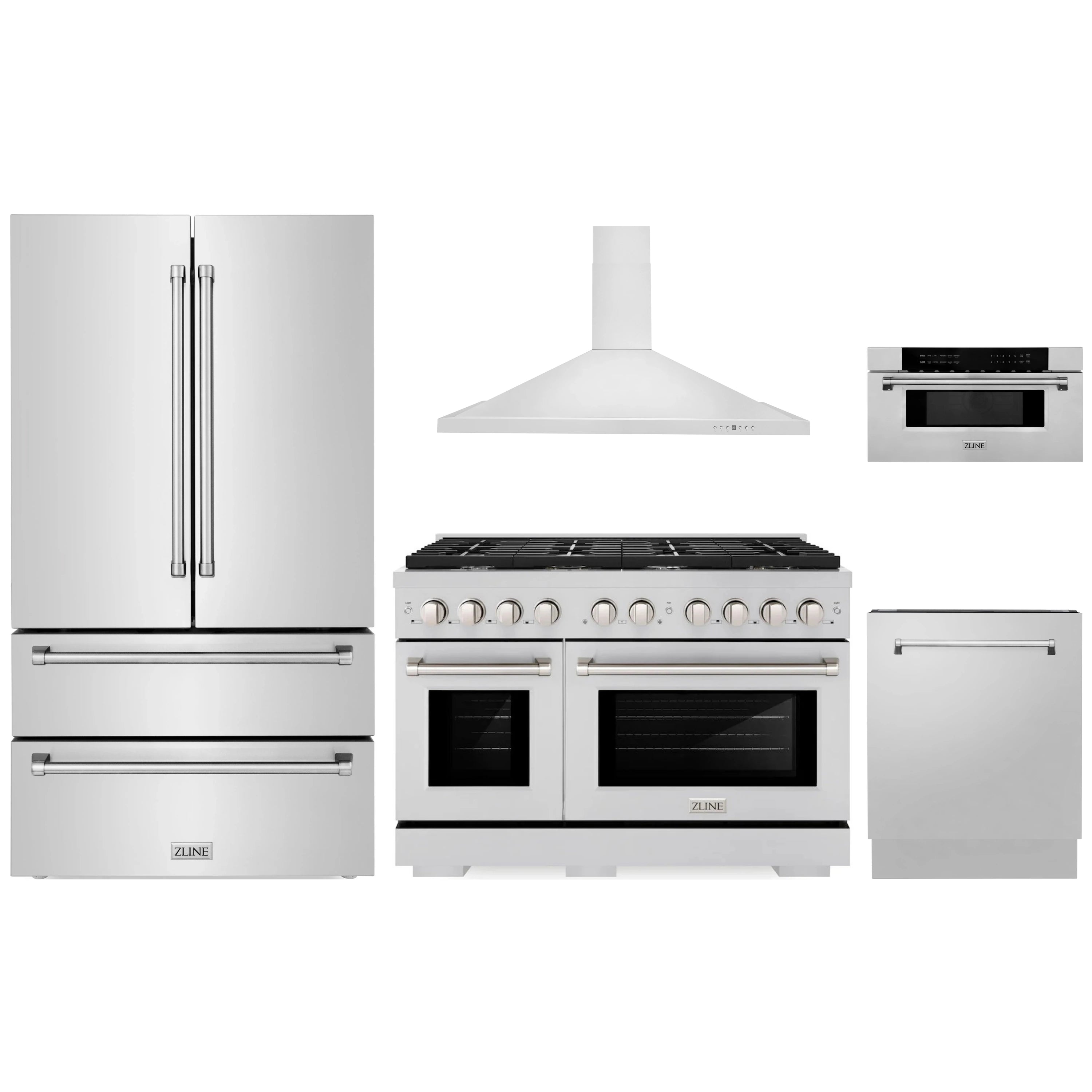 Stainless steel kitchen appliance package showing refrigerator, range, hood, microwave, and dishwasher