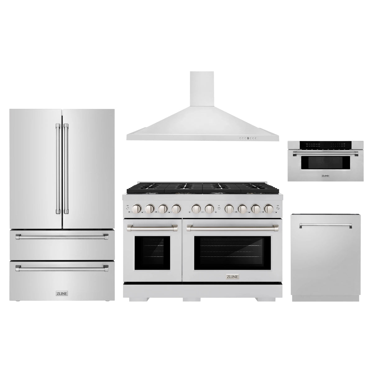 ZLINE 5-Piece Appliance Package - 48-Inch Paramount Gas Range, Wall Mount Range Hood, 36-Inch French Door Refrigerator, Dishwasher, and 30-Inch Microwave Drawer in Stainless Steel