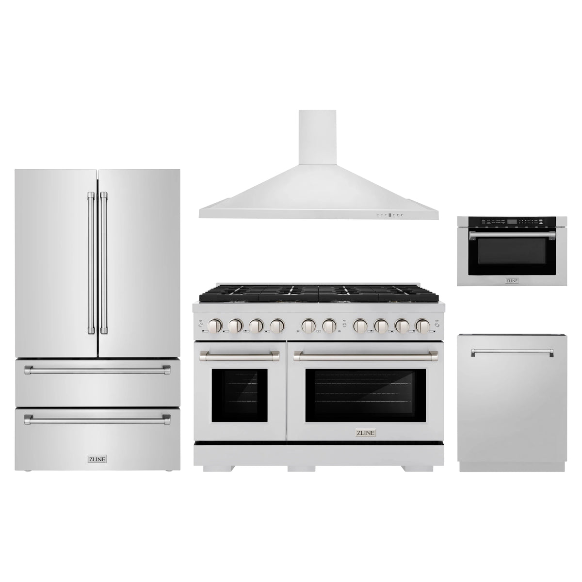 ZLINE 5-Piece Appliance Package - 48-Inch Paramount Gas Range, Wall Mount Range Hood, 36-Inch French Door Refrigerator, Dishwasher, and 24-Inch Microwave Drawer in Stainless Steel