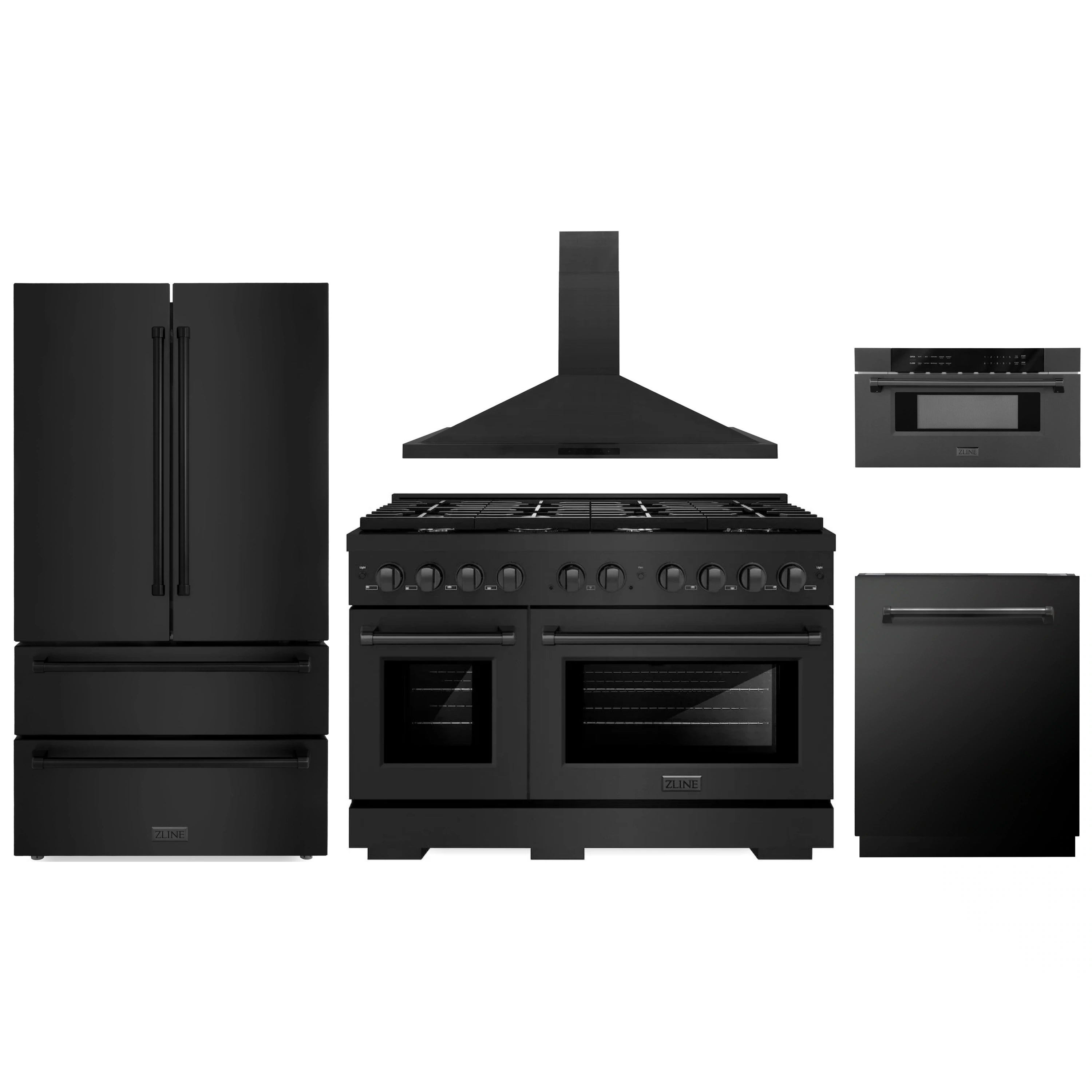 Black stainless 5-piece appliance package showing refrigerator, gas range, hood, dishwasher
