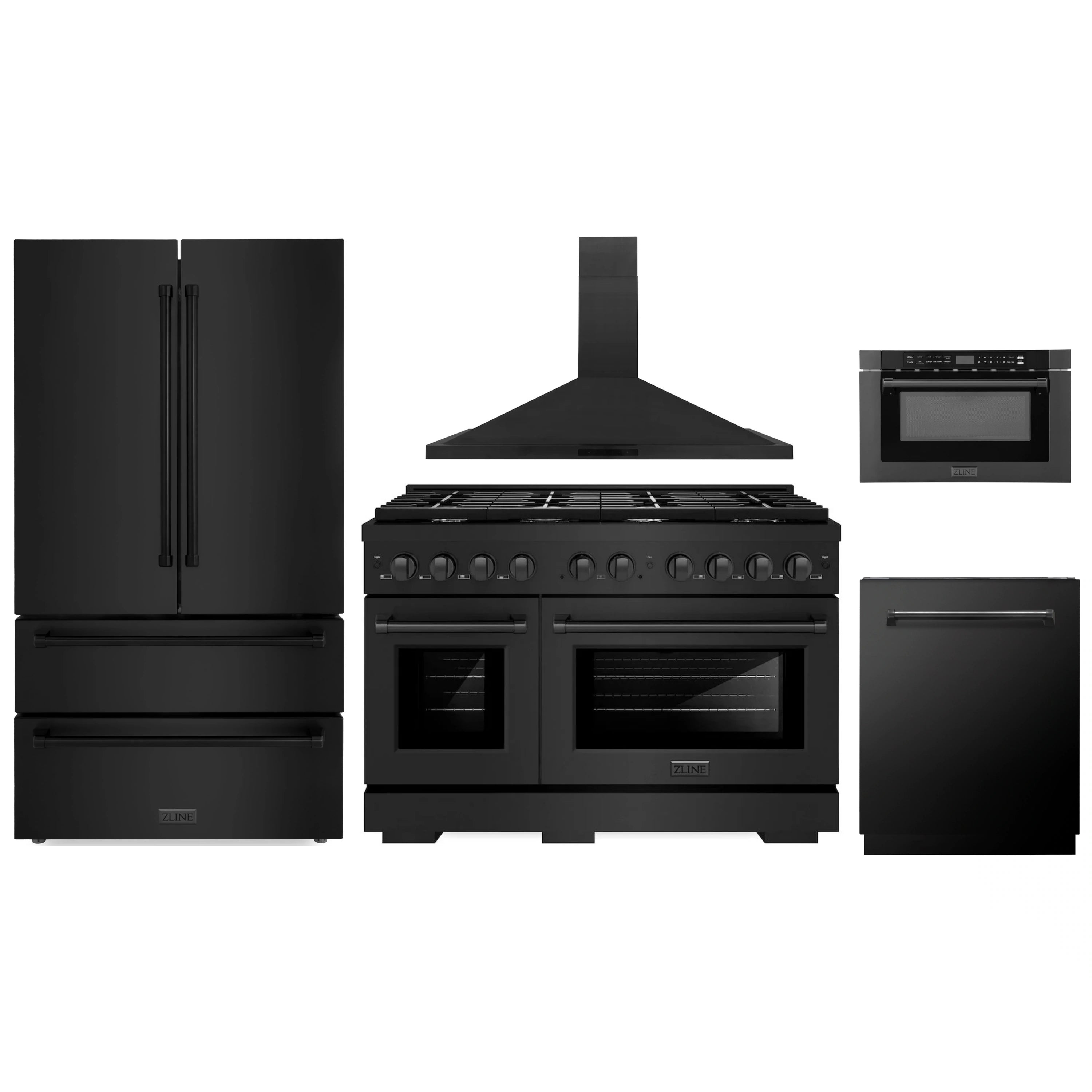 Black stainless appliance package: gas range, hood, fridge, dishwasher, microwave drawer