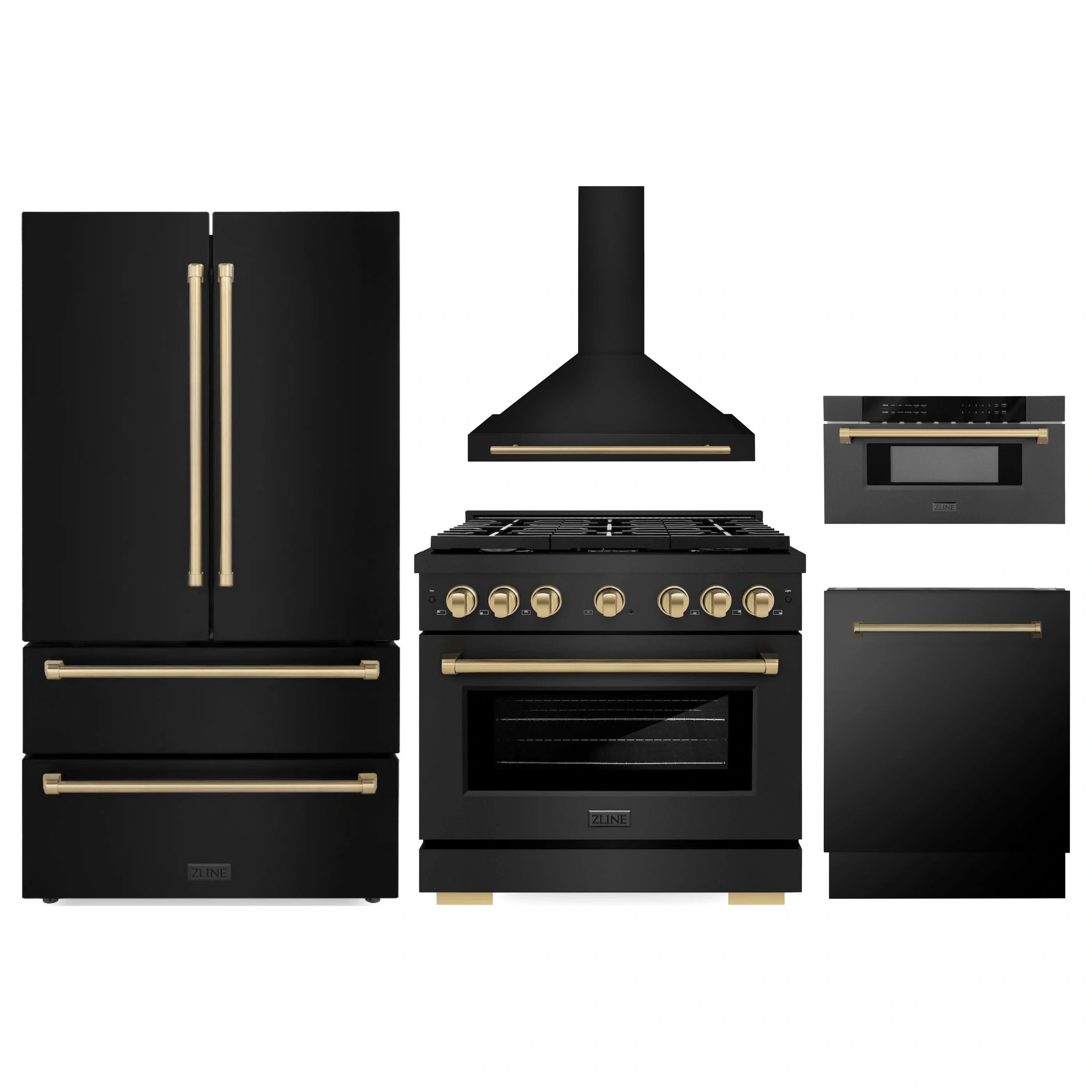 ZLINE 5-piece black appliance package with champagne bronze accents