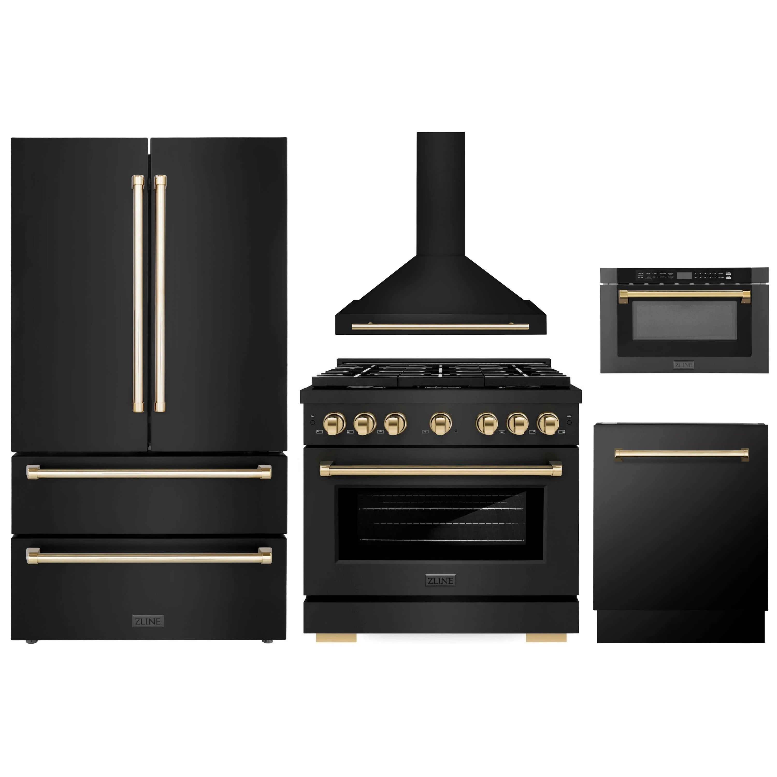 Coordinated five-piece kitchen appliance set in black stainless with gold accents