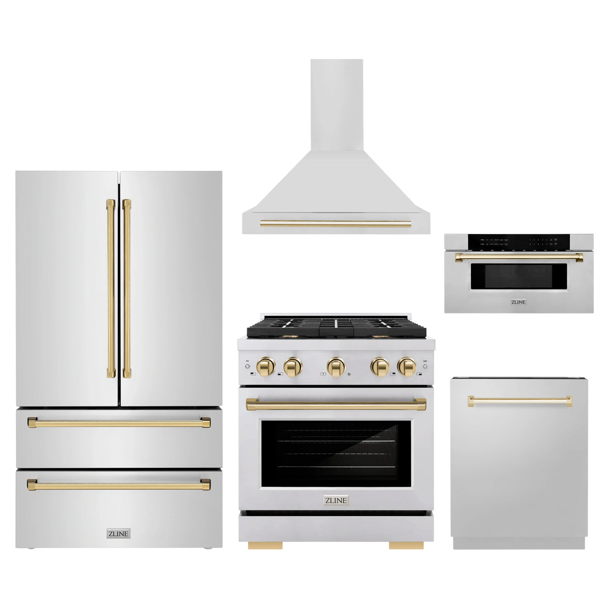 ZLINE 5-Piece Appliance Package - 30-Inch Paramount Autograph Gas Range, Wall Mount Range Hood, 36-Inch French Door Refrigerator, Dishwasher, and 30-Inch Microwave Drawer in Stainless Steel with Gold Accents