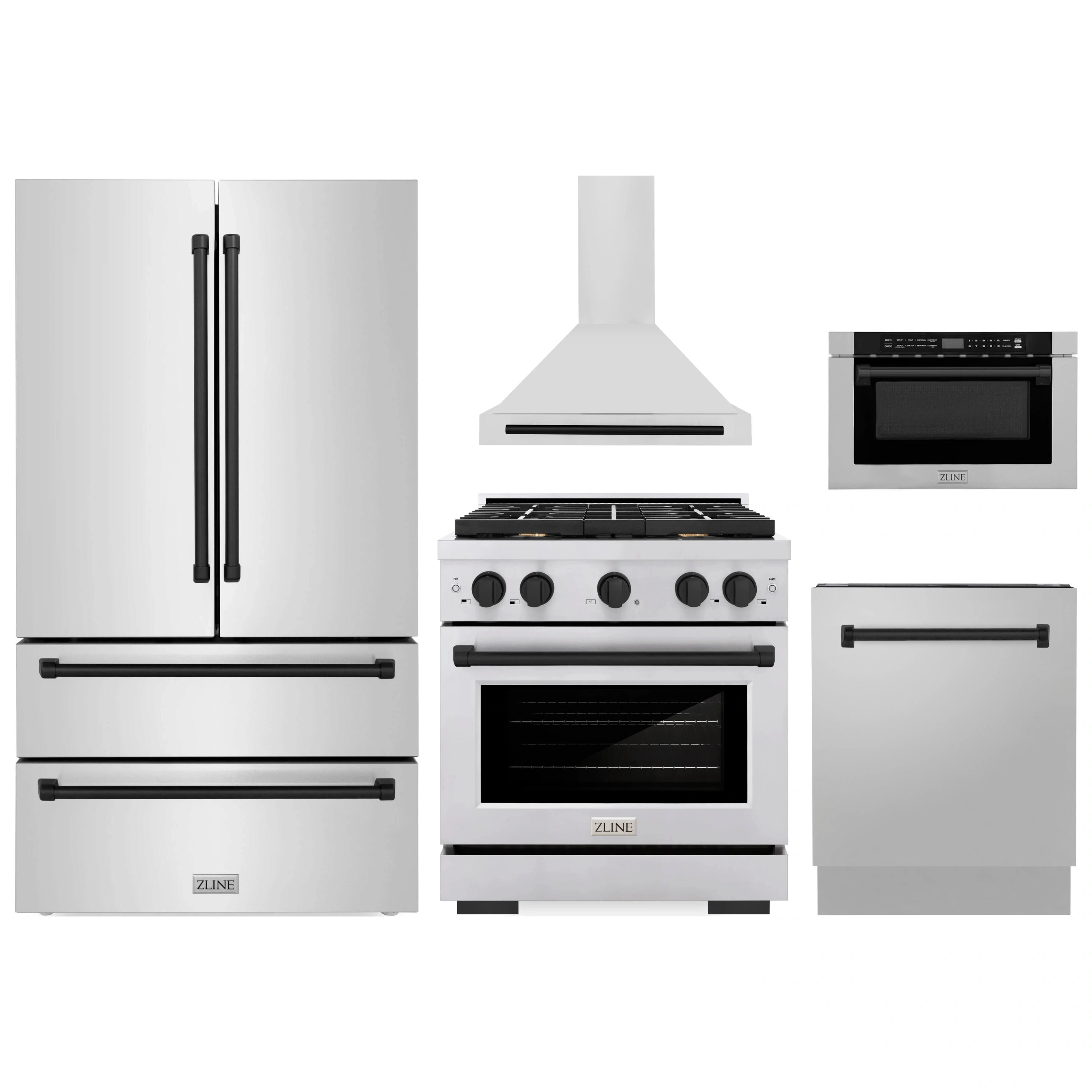 Stainless steel appliance package with black accents: refrigerator, range, microwave, dishwasher