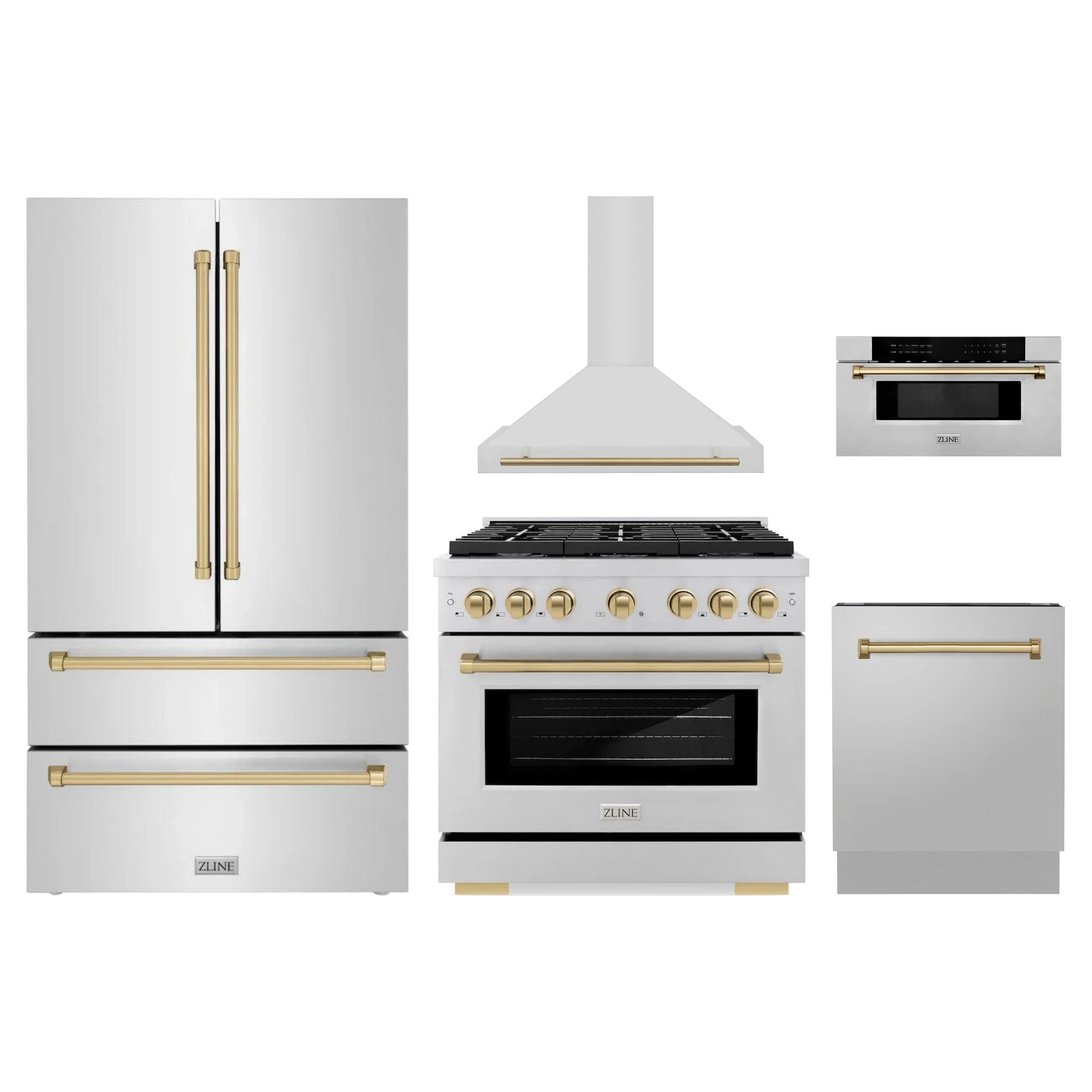 Stainless steel appliance set with gas range, hood, refrigerator, microwave, and dishwasher