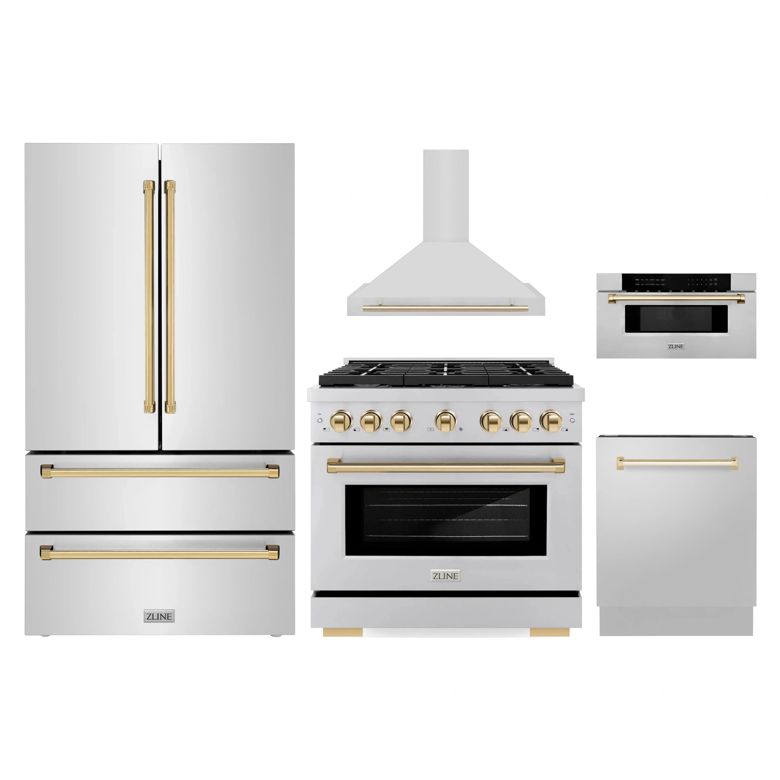 Stainless appliance set with gold accents: range, hood, microwave, fridge, dishwasher