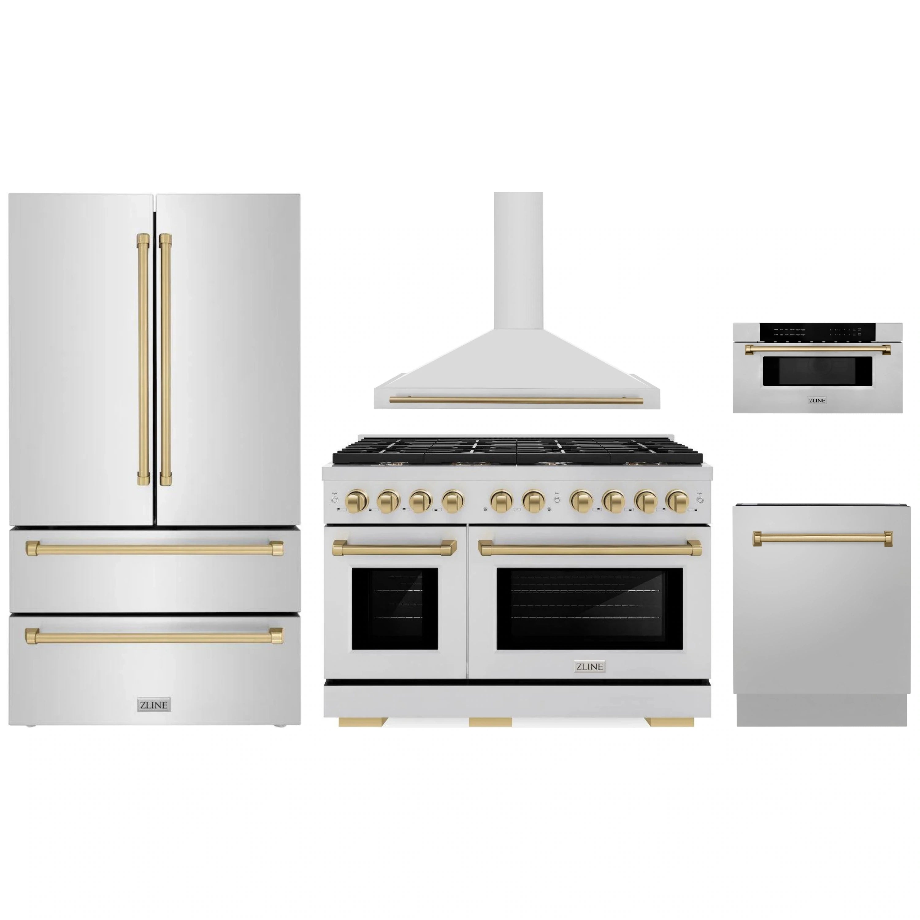Stainless steel appliance package with gas range, hood, refrigerator, and microwave accents