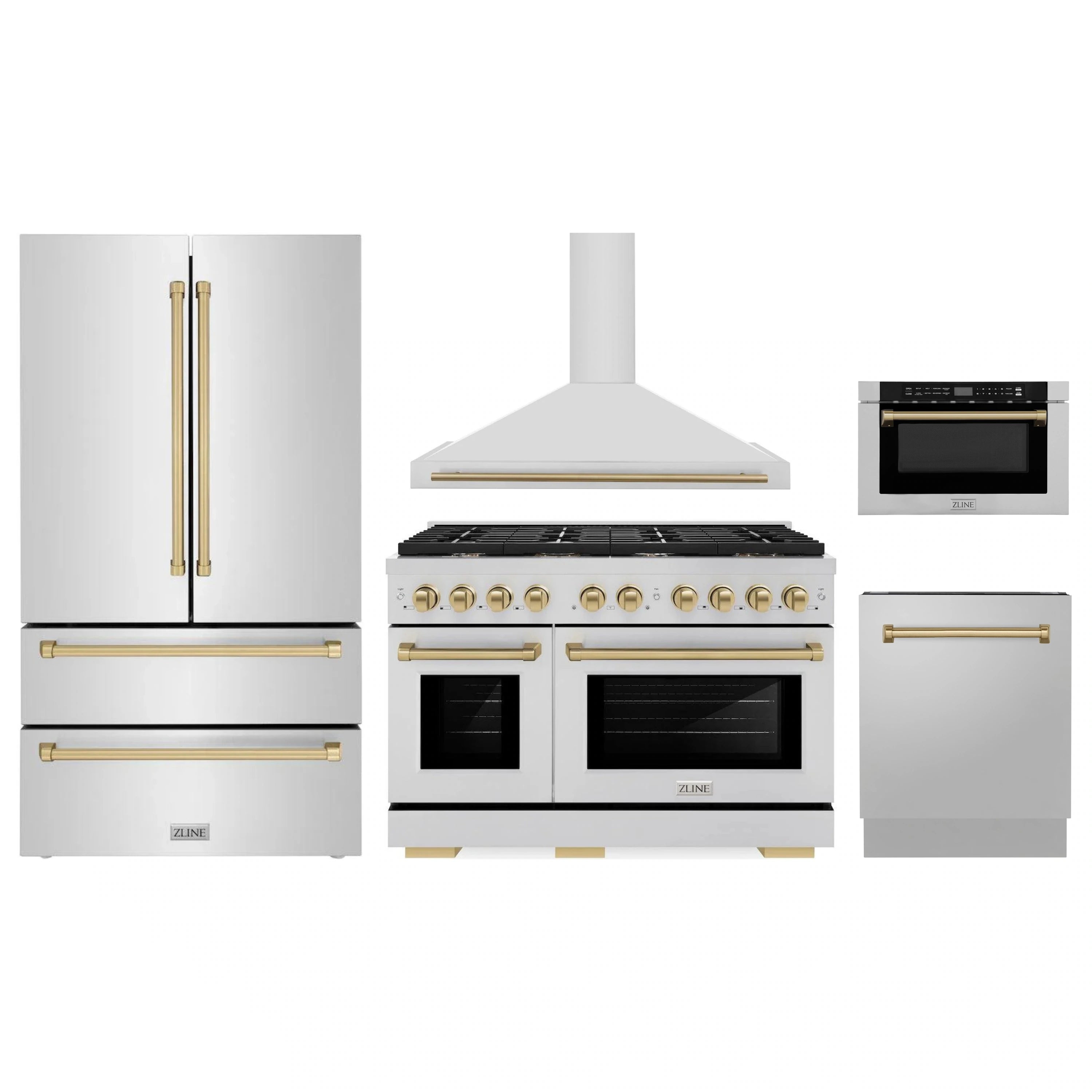 Stainless steel kitchen appliance package with gas range, hood, refrigerator and dishwasher