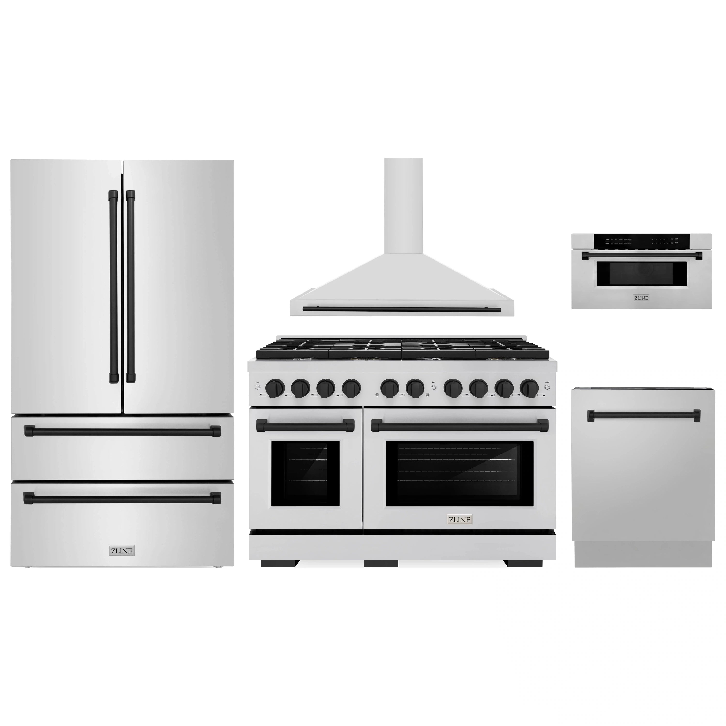 Stainless appliance package with range, refrigerator, dishwasher, microwave drawer, and hood