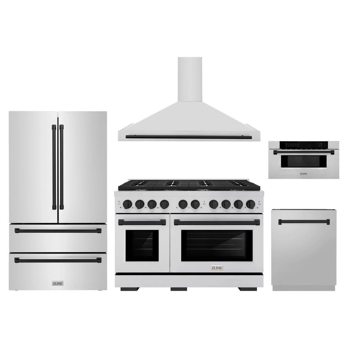 ZLINE 5-Piece Appliance Package - 48-Inch Paramount Autograph Gas Range, Wall Mount Range Hood, 36-Inch French Door Refrigerator, Dishwasher, and 30-Inch Microwave Drawer in Stainless Steel with Matte Black Accents