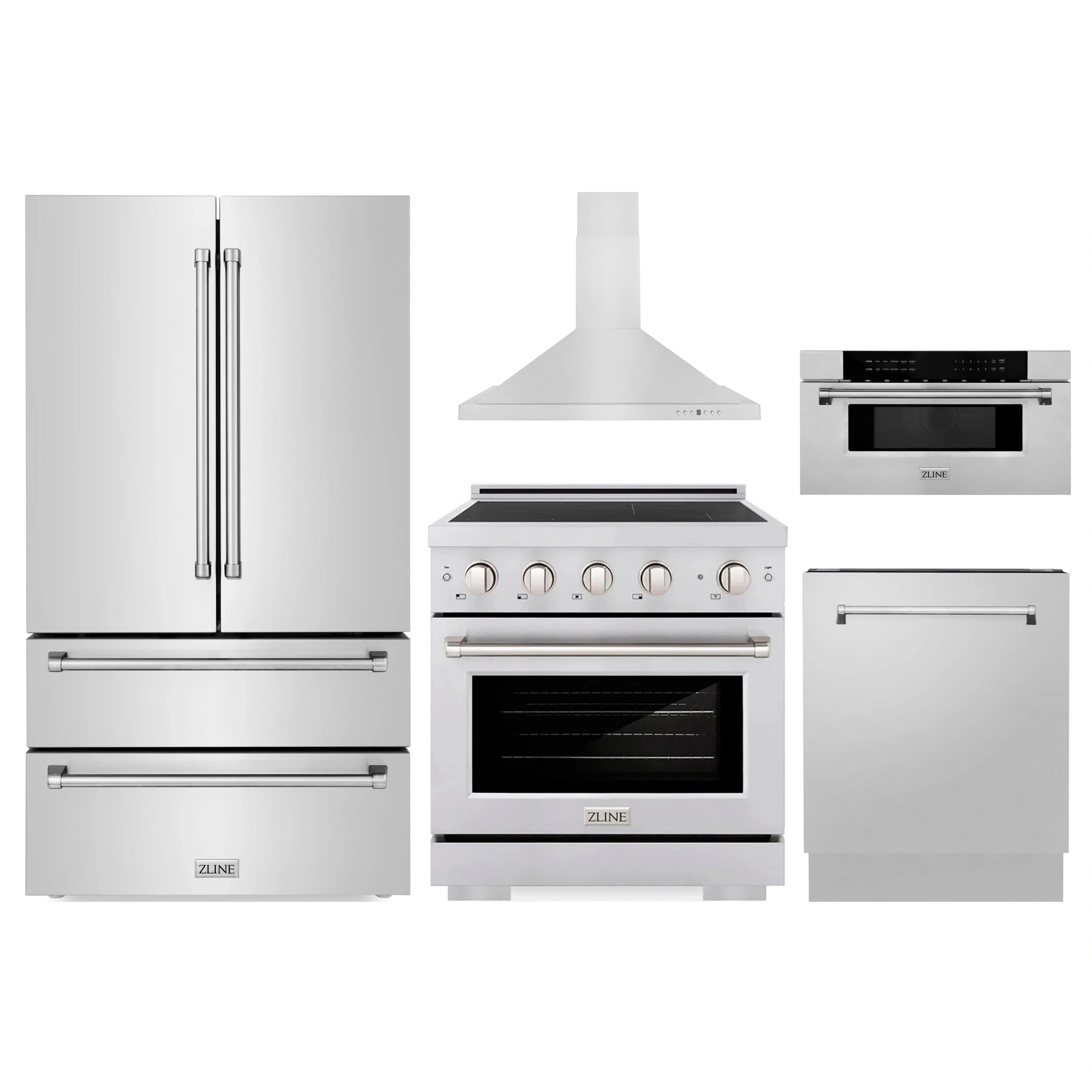 Stainless steel appliance bundle with refrigerator, range, microwave, and dishwasher