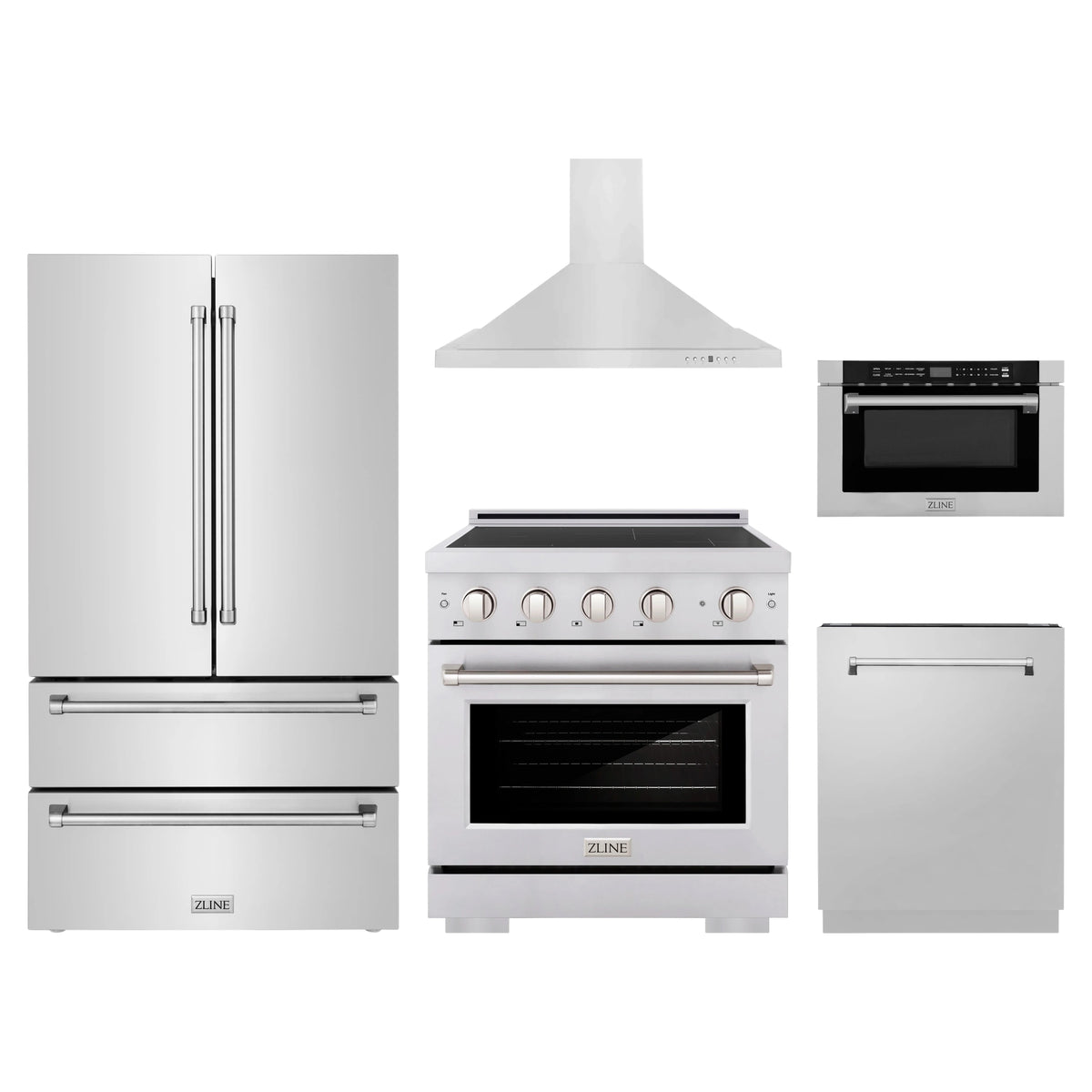 ZLINE 5-Piece Appliance Package - 30-Inch Paramount Induction Range, Wall Mount Range Hood, 36-Inch French Door Refrigerator, Dishwasher, and 24-Inch Microwave Drawer in Stainless Steel