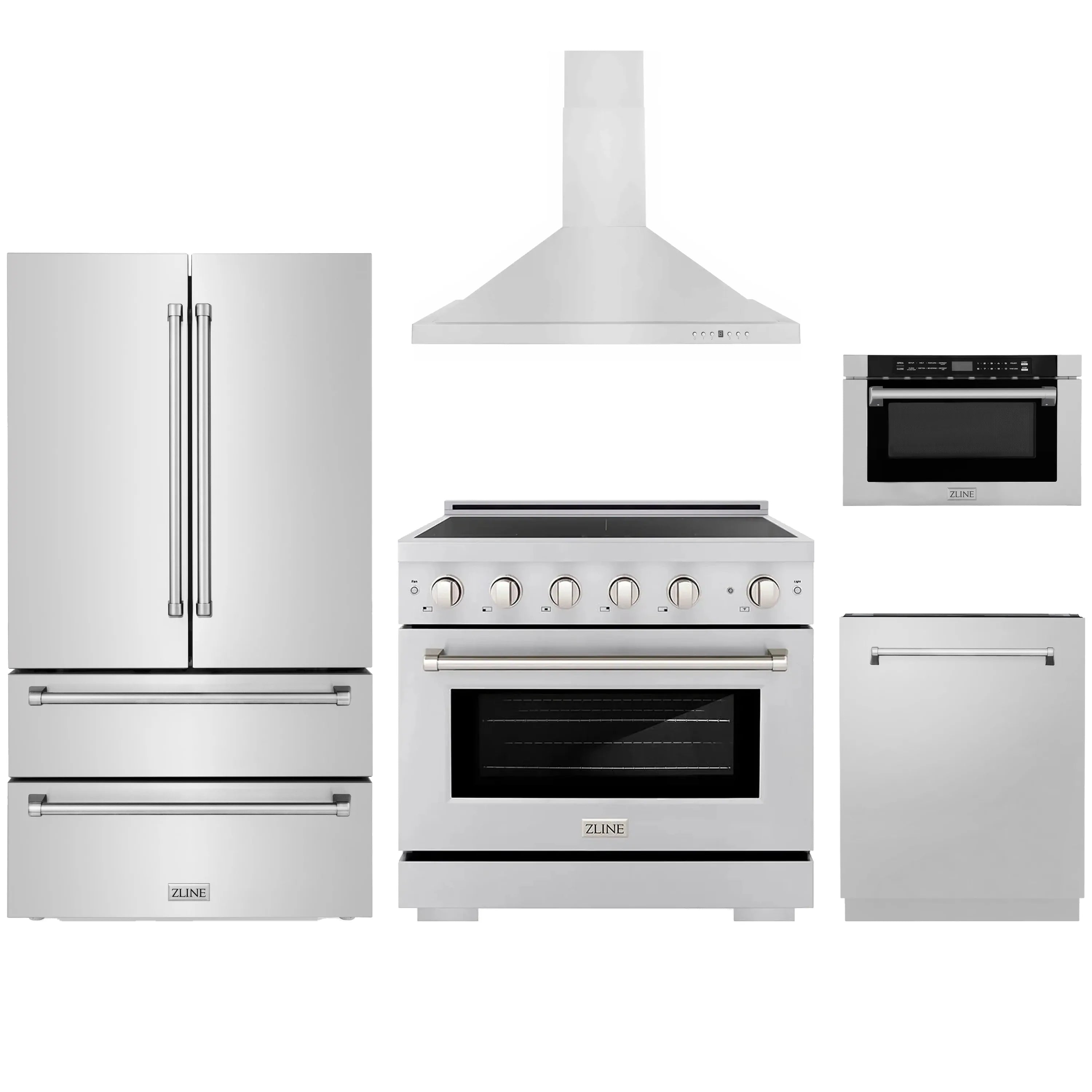Stainless steel 5-piece appliance package with range hood, induction range, fridge, dishwasher