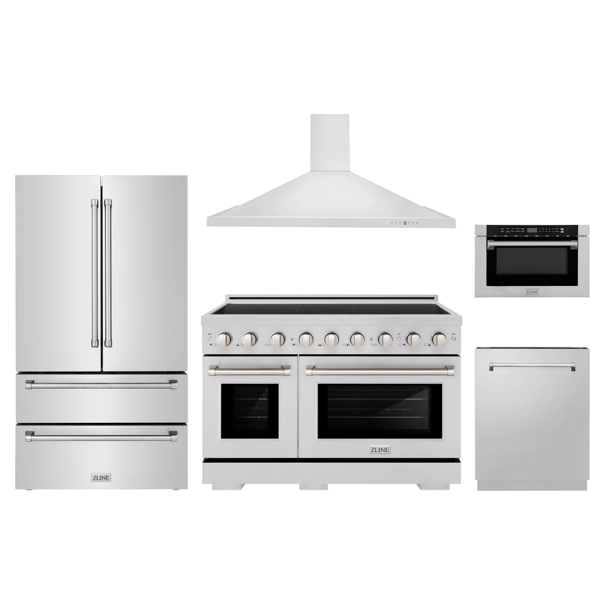 ZLINE 5-Piece Appliance Package - 48-Inch Paramount Induction Range, Wall Mount Range Hood, 36-Inch French Door Refrigerator, Dishwasher, and 24-Inch Microwave Drawer in Stainless Steel