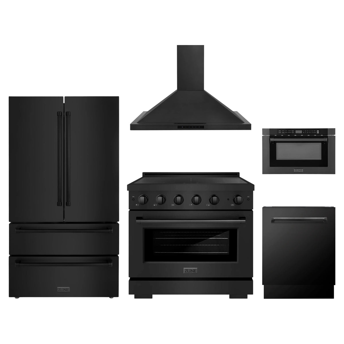 ZLINE 5-Piece Appliance Package - 36-Inch Paramount Induction Range, Wall Mount Range Hood, 36-Inch French Door Refrigerator, Dishwasher, and 24-Inch Microwave Drawer in Black Stainless Steel