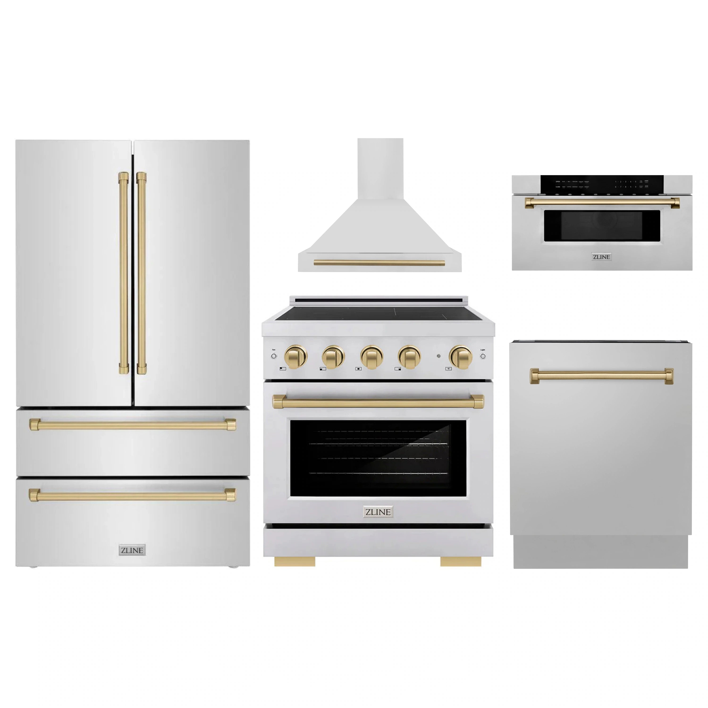 Stainless appliance package with induction range, hood, refrigerator, and microwave drawer in bronze accents