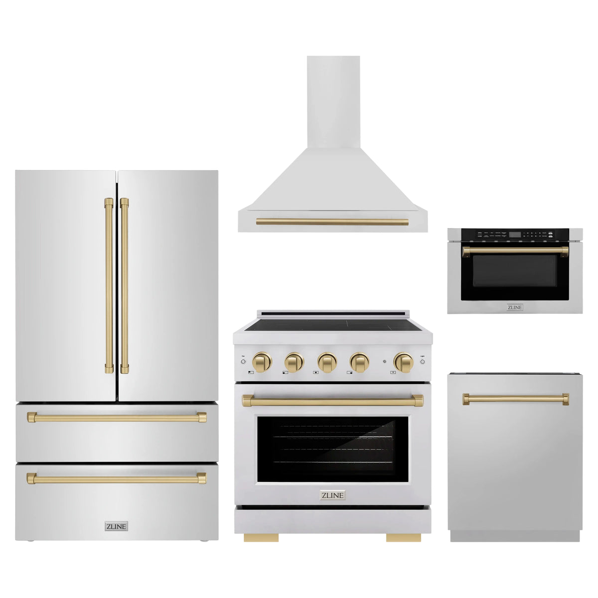 ZLINE 5-Piece Appliance Package - 30-Inch Autograph Induction Range, Wall Mount Range Hood, 36-Inch French Door Refrigerator, Dishwasher, and 24-Inch Microwave Drawer in Stainless Steel with Champagne Bronze Accents