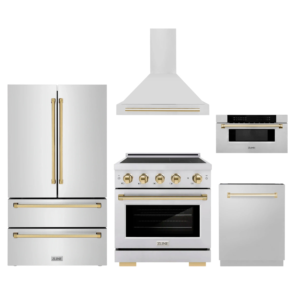 ZLINE 5-Piece Appliance Package - 30-Inch Autograph Induction Range, Wall Mount Range Hood, 36-Inch French Door Refrigerator, Dishwasher, and 30-Inch Microwave Drawer in Stainless Steel with Gold Accents