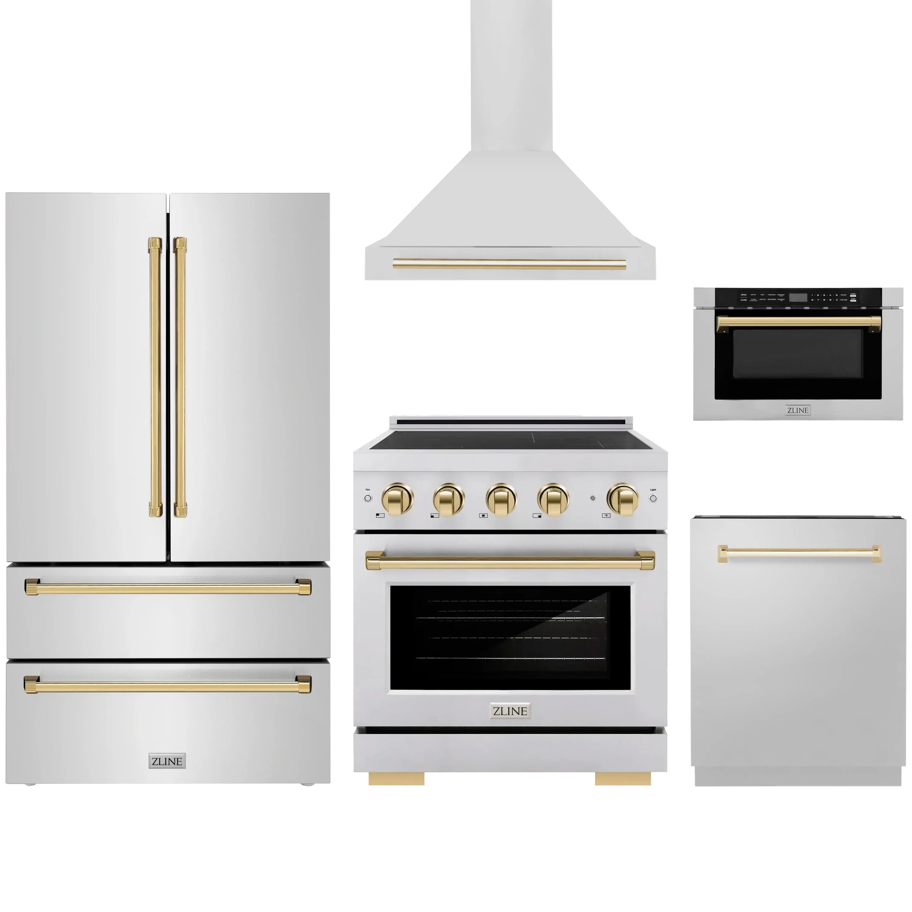 Stainless steel appliance set with gold accents: range, hood, microwave, fridge, dishwasher