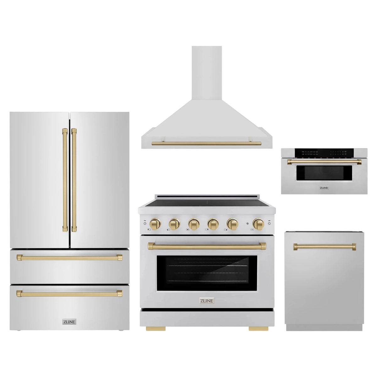 ZLINE 5-Piece Appliance Package - 36-Inch Autograph Edition Induction Range, Wall Mount Range Hood, 36-Inch French Door Refrigerator, Dishwasher, and 30-Inch Microwave Drawer in Stainless Steel with Champagne Bronze Accents