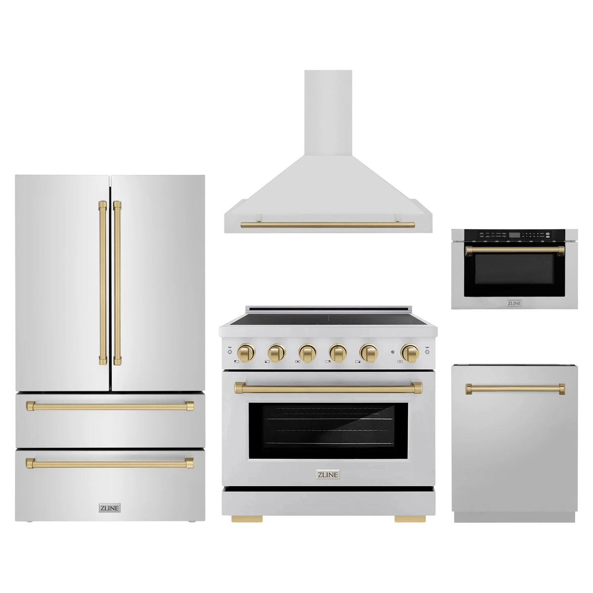 ZLINE 5-Piece Appliance Package - 36-Inch Autograph Edition Induction Range, Wall Mount Range Hood, 36-Inch French Door Refrigerator, Dishwasher, and 24-Inch Microwave Drawer in Stainless Steel with Champagne Bronze Accents