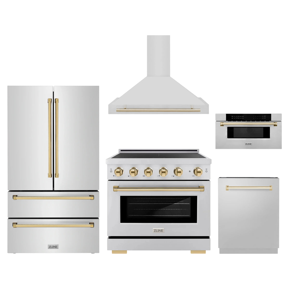 ZLINE 5-Piece Appliance Package - 36-Inch Autograph Edition Induction Range, Wall Mount Range Hood, 36-Inch French Door Refrigerator, Dishwasher, and 30-Inch Microwave Drawer in Stainless Steel with Gold Accents