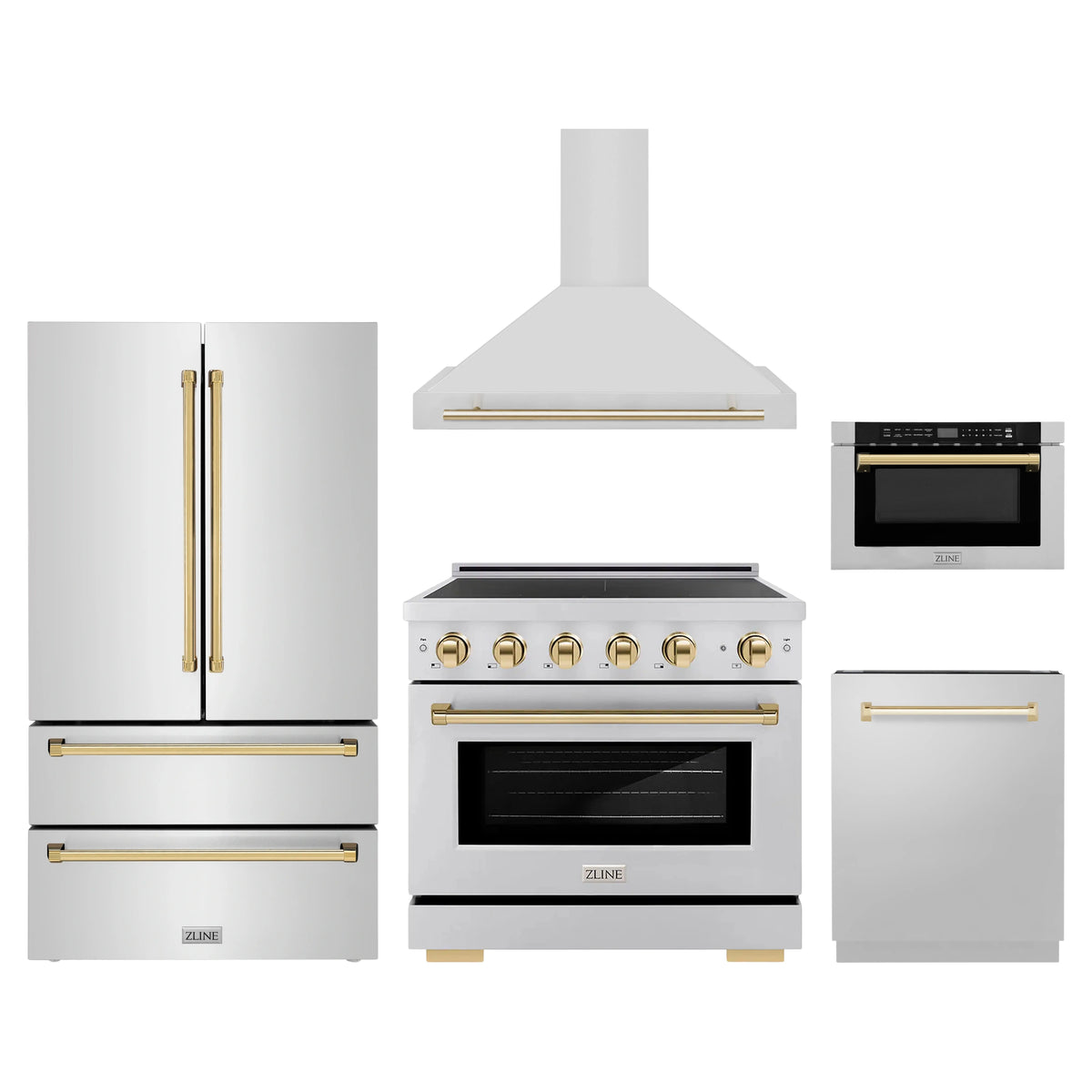 ZLINE 5-Piece Appliance Package - 36-Inch Autograph Edition Induction Range, Wall Mount Range Hood, 36-Inch French Door Refrigerator, Dishwasher, and 24-Inch Microwave Drawer in Stainless Steel with Gold Accents