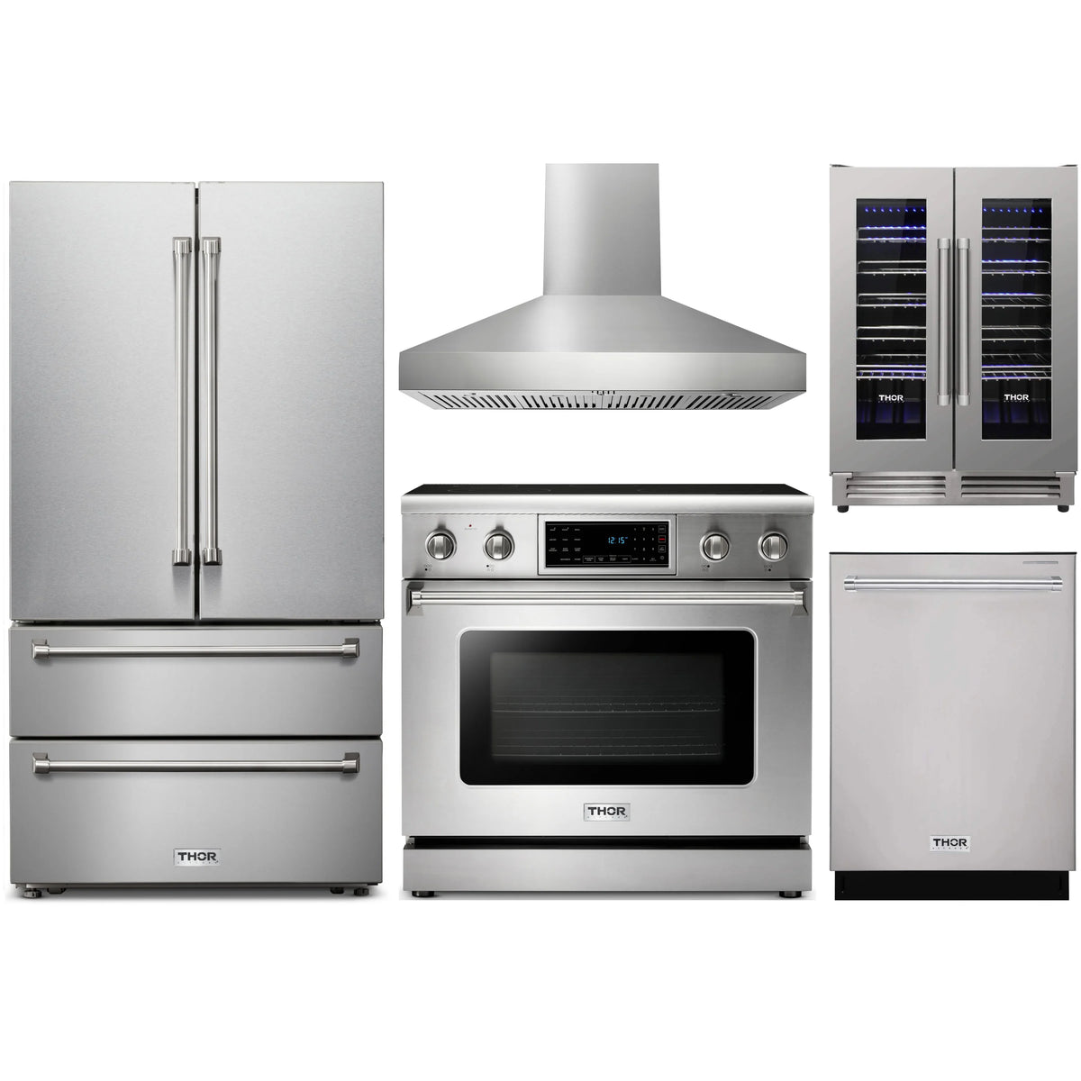 Stainless steel appliance package featuring range, hood, refrigerator, and dishwasher