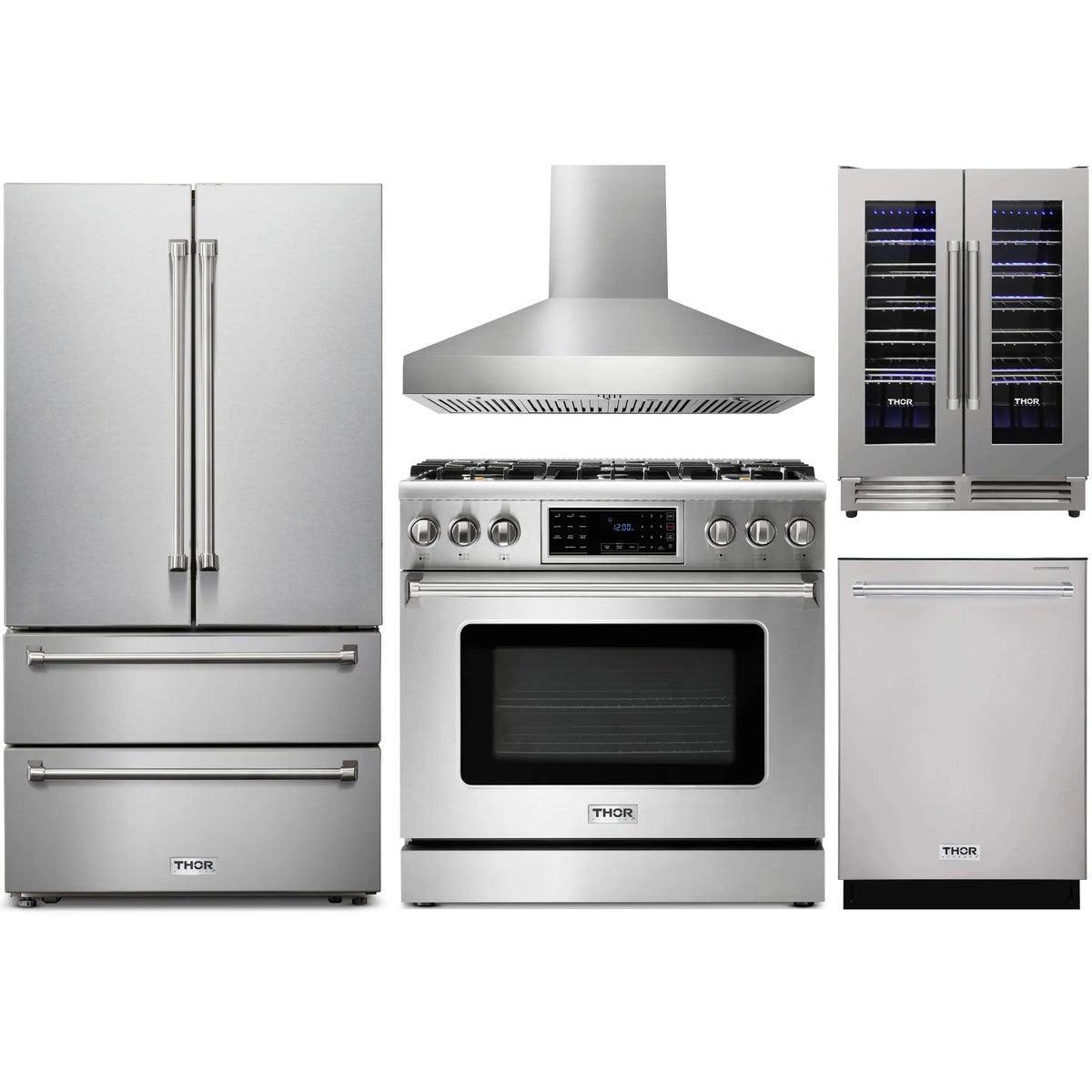 Stainless steel appliance package with gas range, fridge, hood, dishwasher, and wine cooler