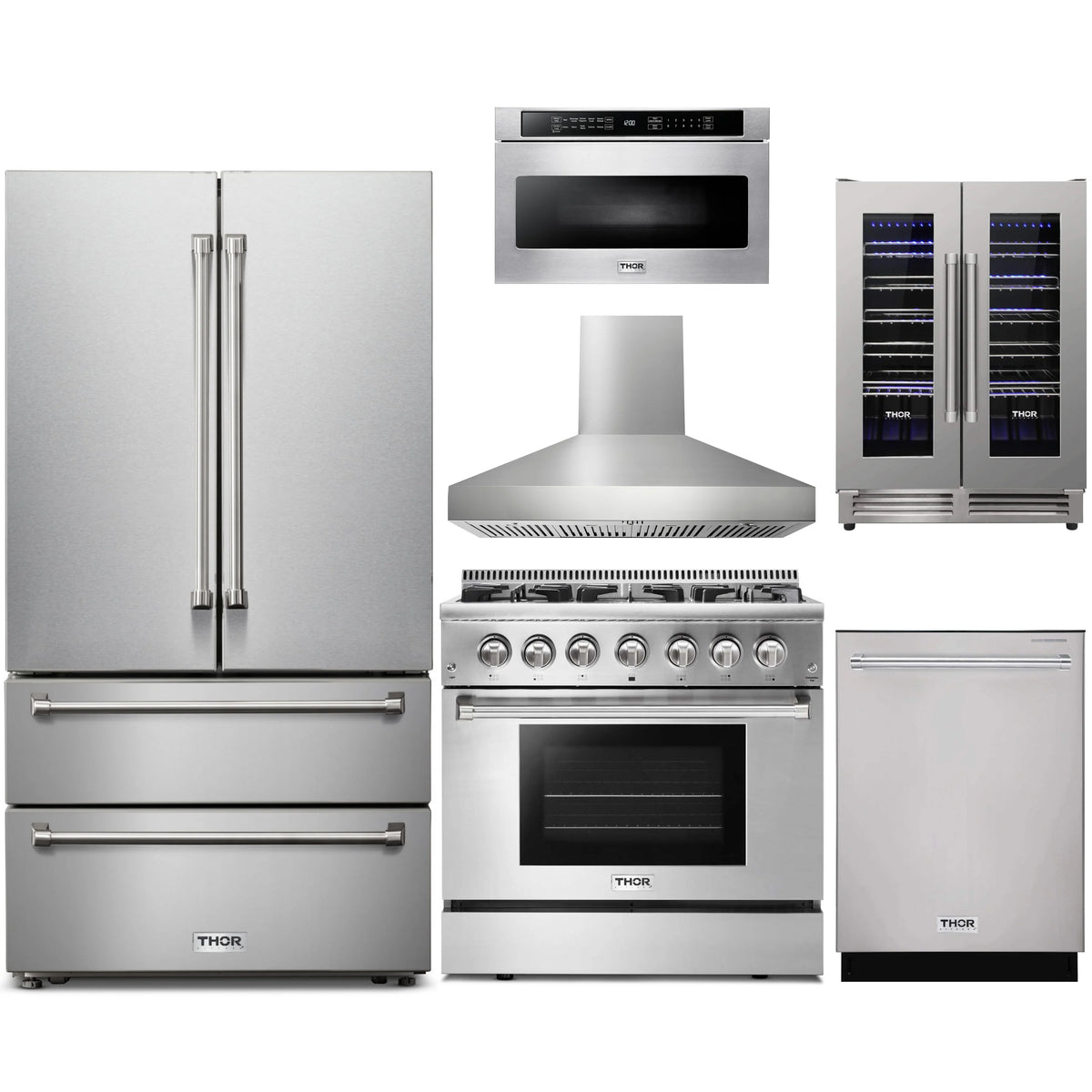 Thor stainless appliance package featuring refrigerator, range, wall hood, and wine cooler