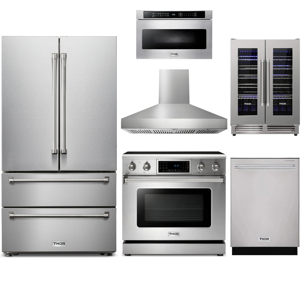 Stainless kitchen appliance package with French-door refrigerator, electric range, wall hood, microwave