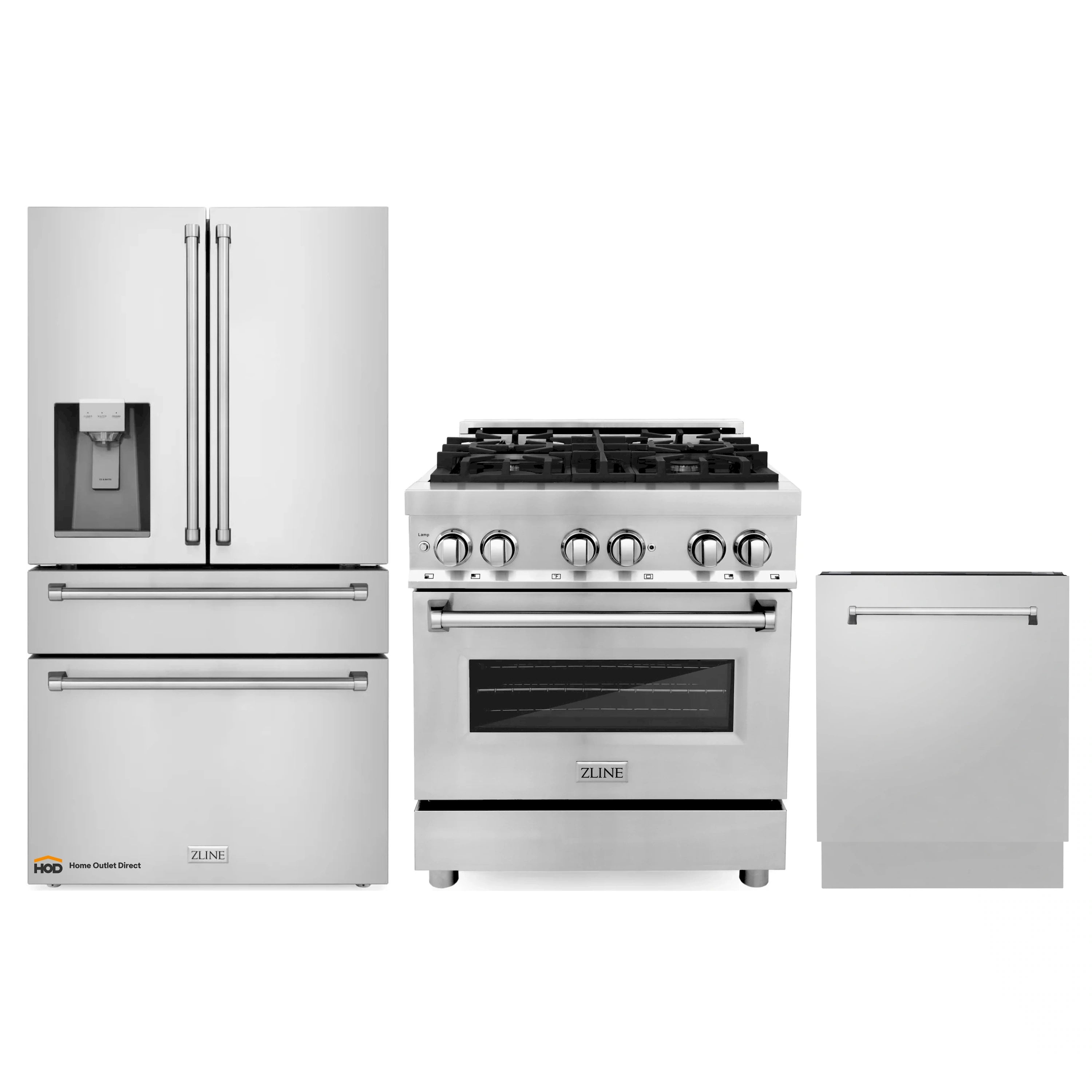 Stainless steel refrigerator, dual fuel range, and wall hood package