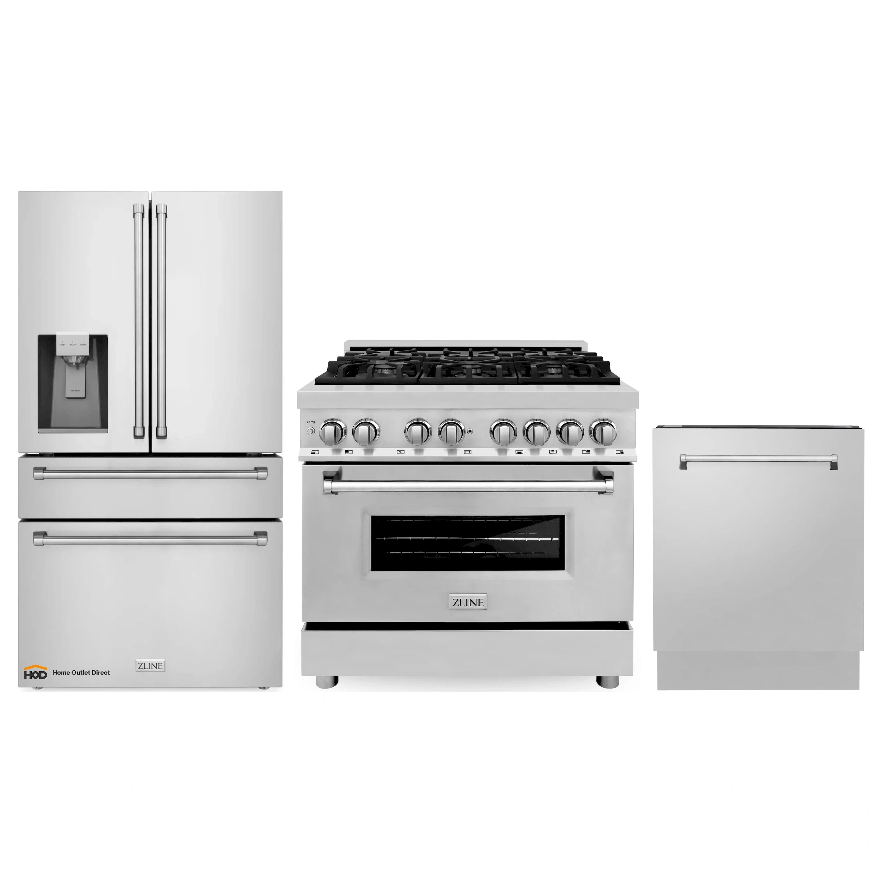 Stainless kitchen appliance package showing dual fuel range, refrigerator, and dishwasher