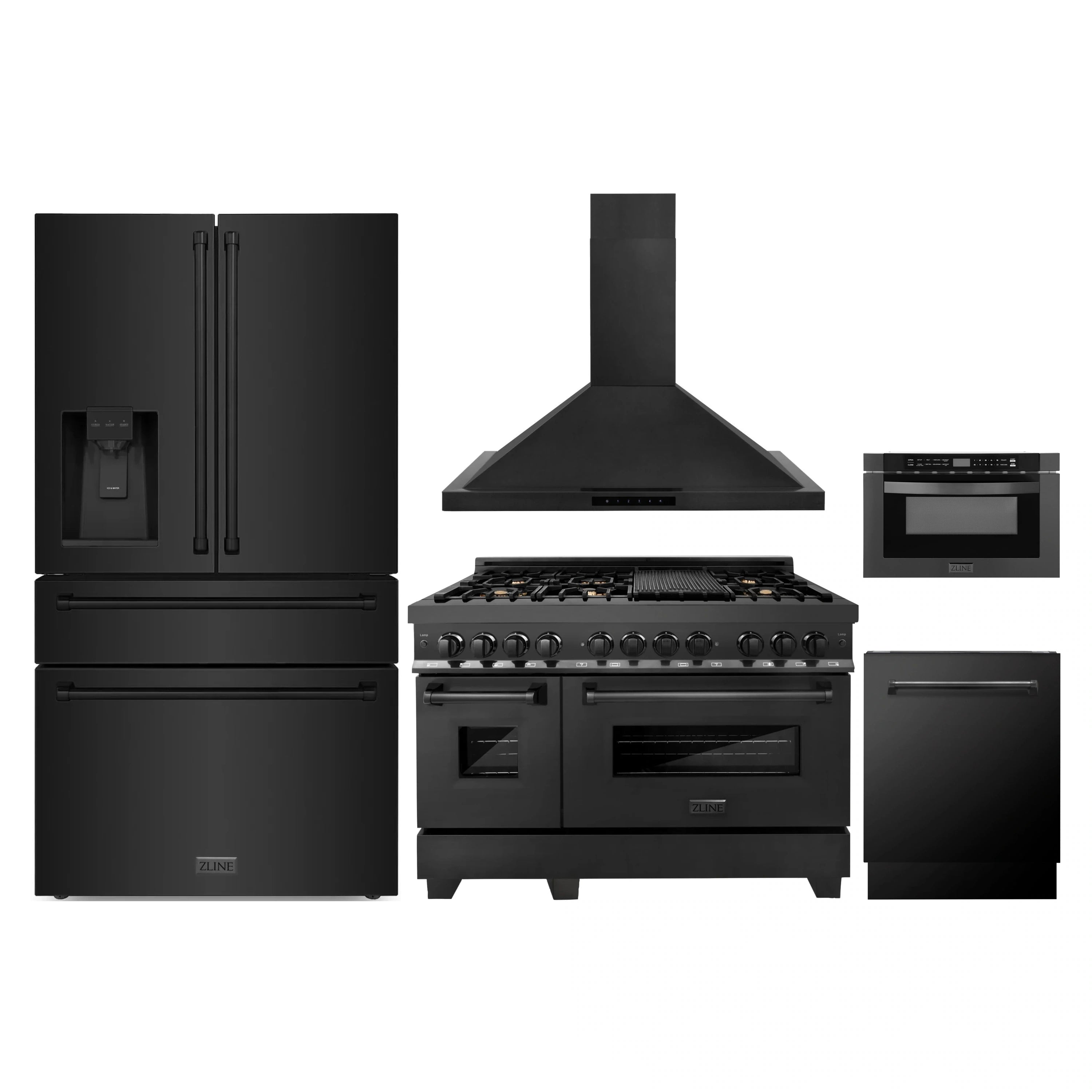 Black appliance package set: refrigerator, dual-fuel range, hood, microwave drawer, dishwasher.